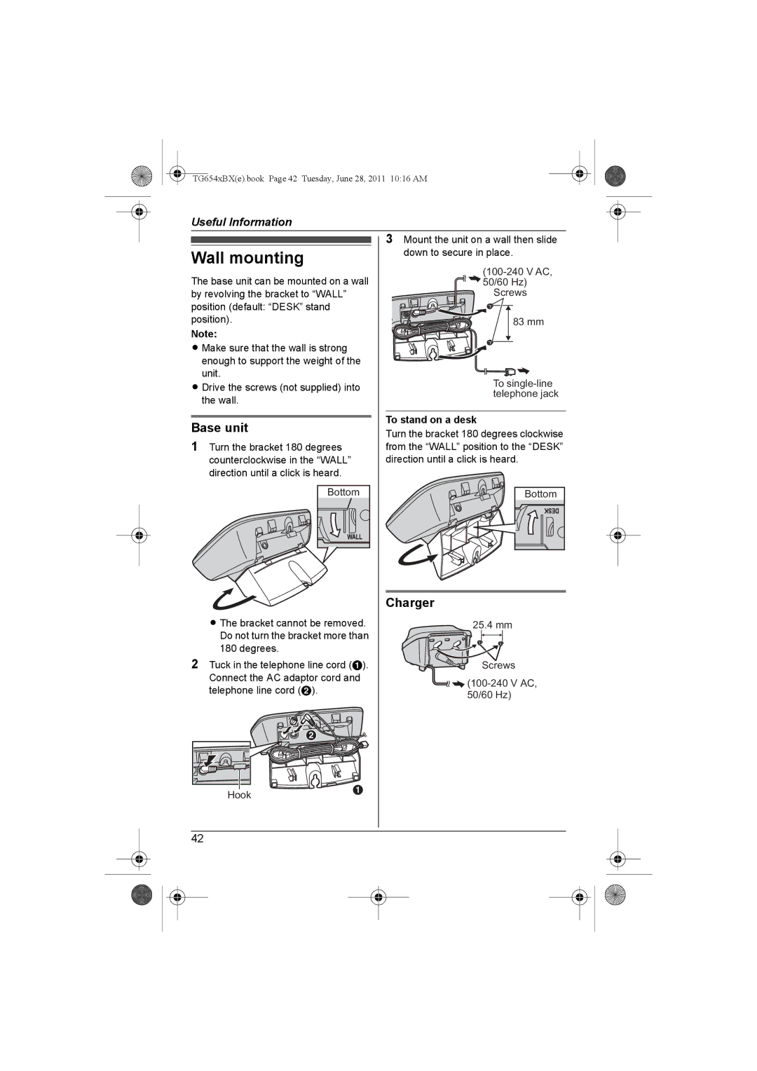 Panasonic KX-TG6541BX, KX-TG6542BX operating instructions Wall mounting, Charger, Hook, To stand on a desk 