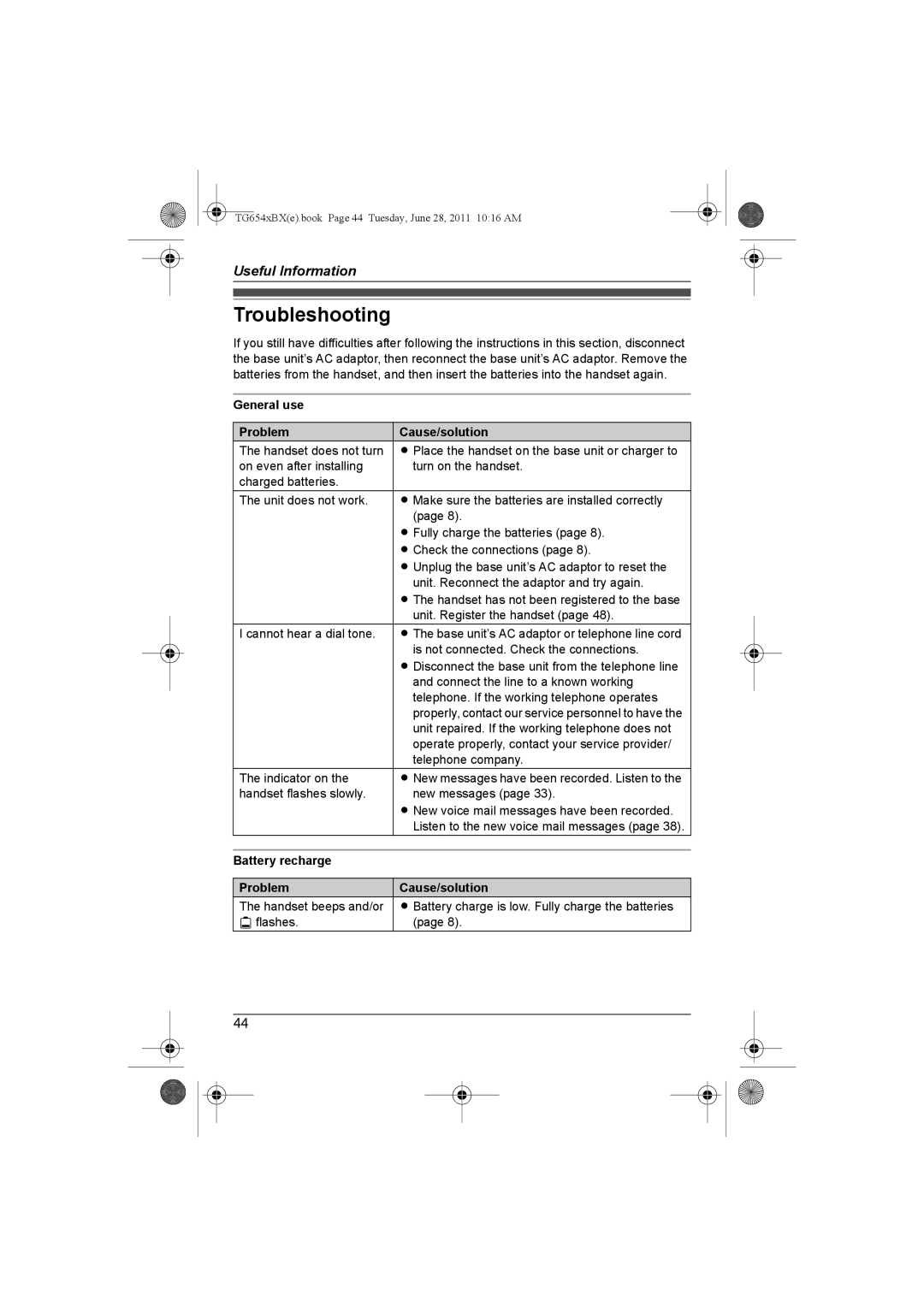 Panasonic KX-TG6541BX Troubleshooting, General use Problem Cause/solution, Battery recharge Problem Cause/solution 