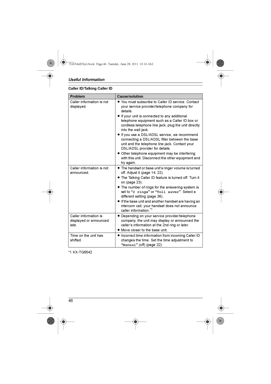 Panasonic KX-TG6541BX, KX-TG6542BX operating instructions Caller ID/Talking Caller ID Problem Cause/solution 