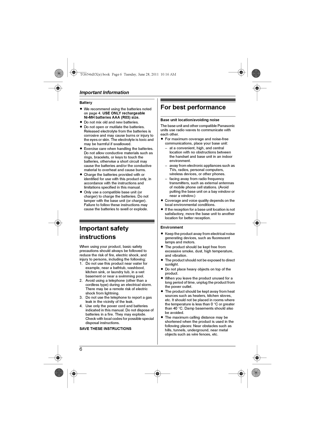 Panasonic KX-TG6541BX, KX-TG6542BX operating instructions Important safety instructions 