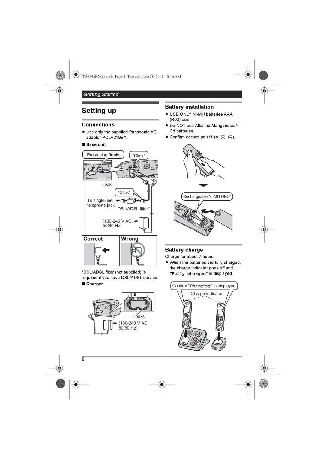 Panasonic KX-TG6541BX, KX-TG6542BX Setting up, Connections, Correct Wrong, Battery installation, Battery charge 