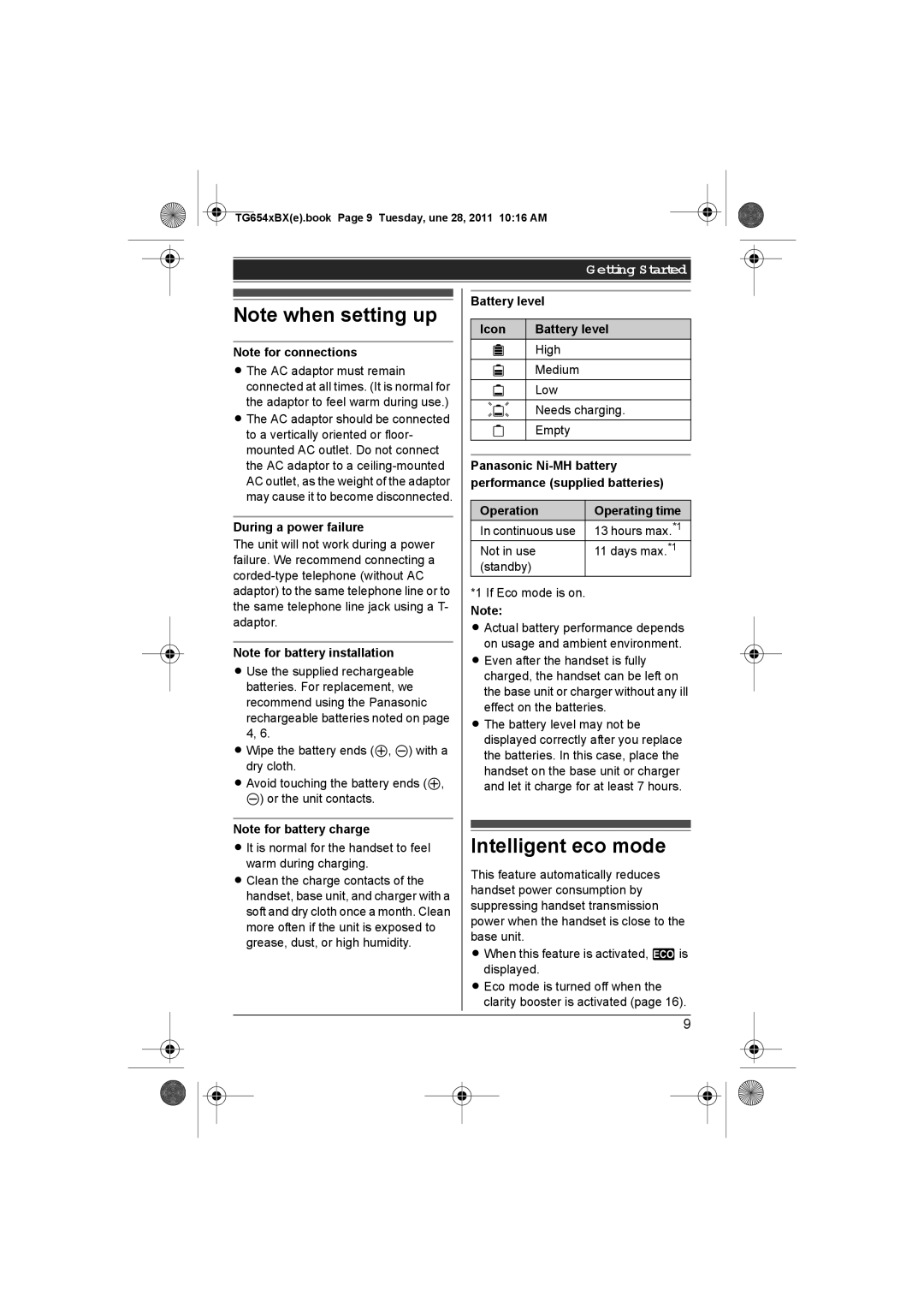 Panasonic KX-TG6542BX Intelligent eco mode, During a power failure, Battery level Icon, Operation Operating time 