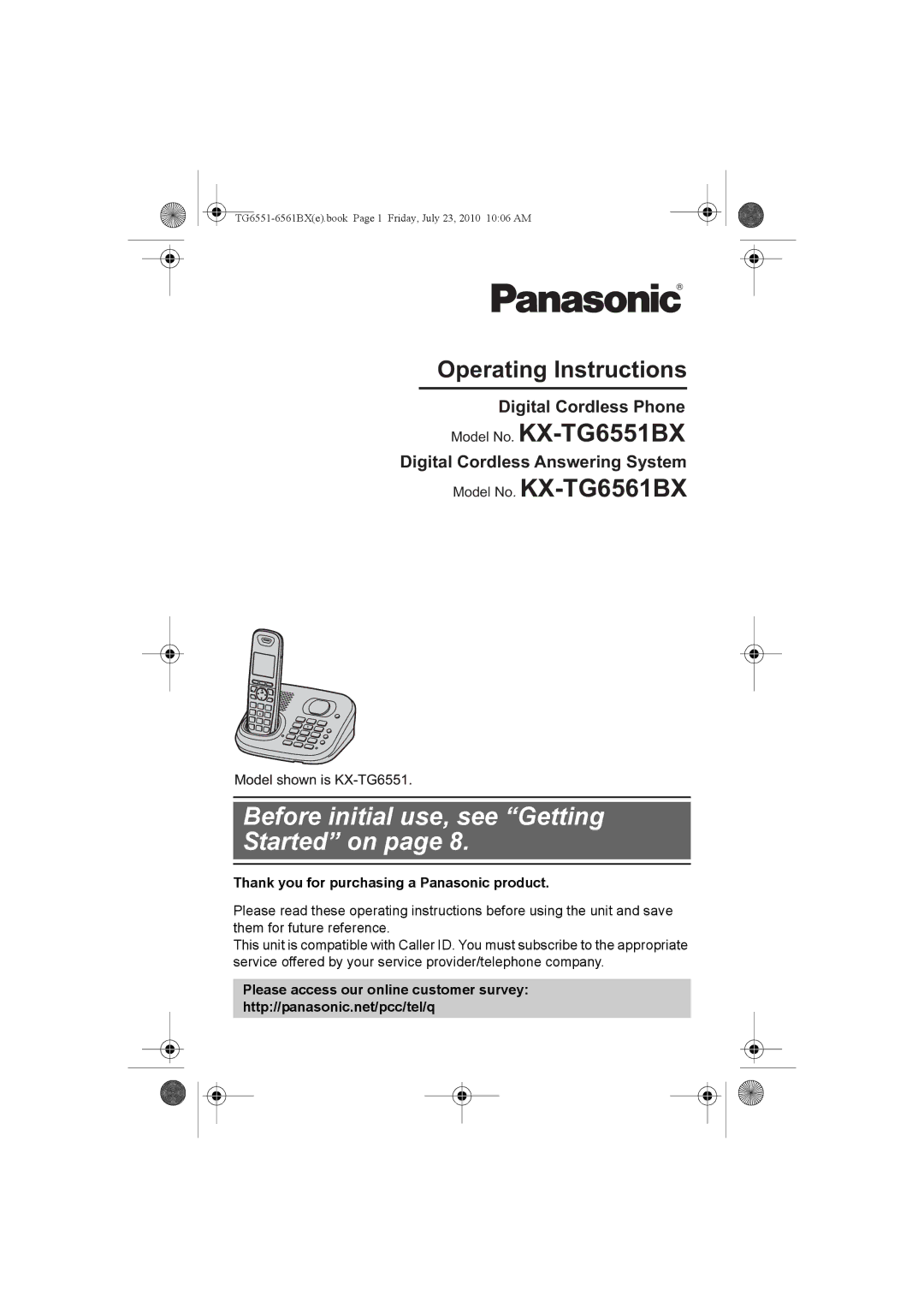 Panasonic KX-TG6551BX, KX-TG6561BX operating instructions Before initial use, see Getting Started on 