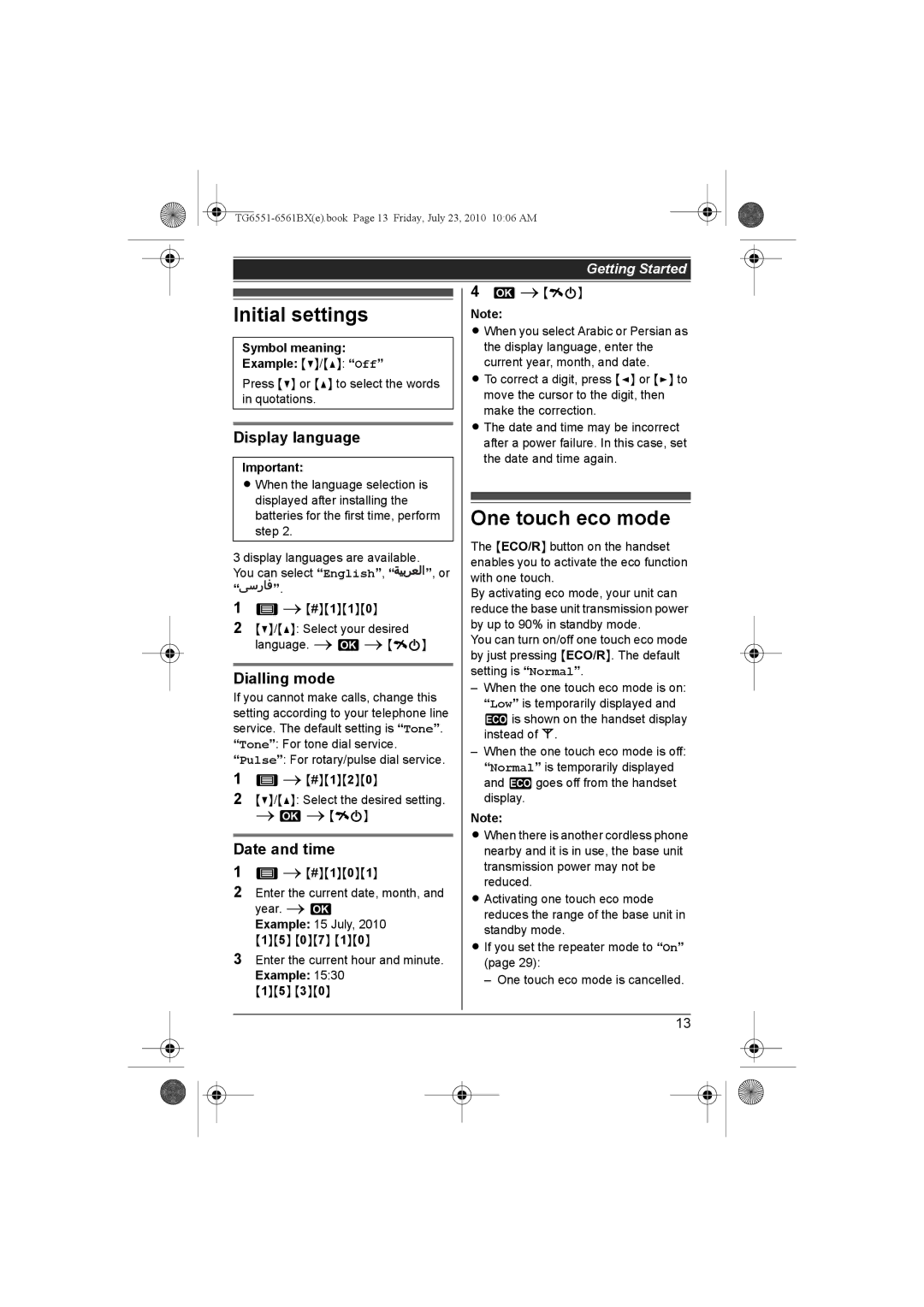 Panasonic KX-TG6551BX, KX-TG6561BX Initial settings, One touch eco mode, Display language, Dialling mode, Date and time 