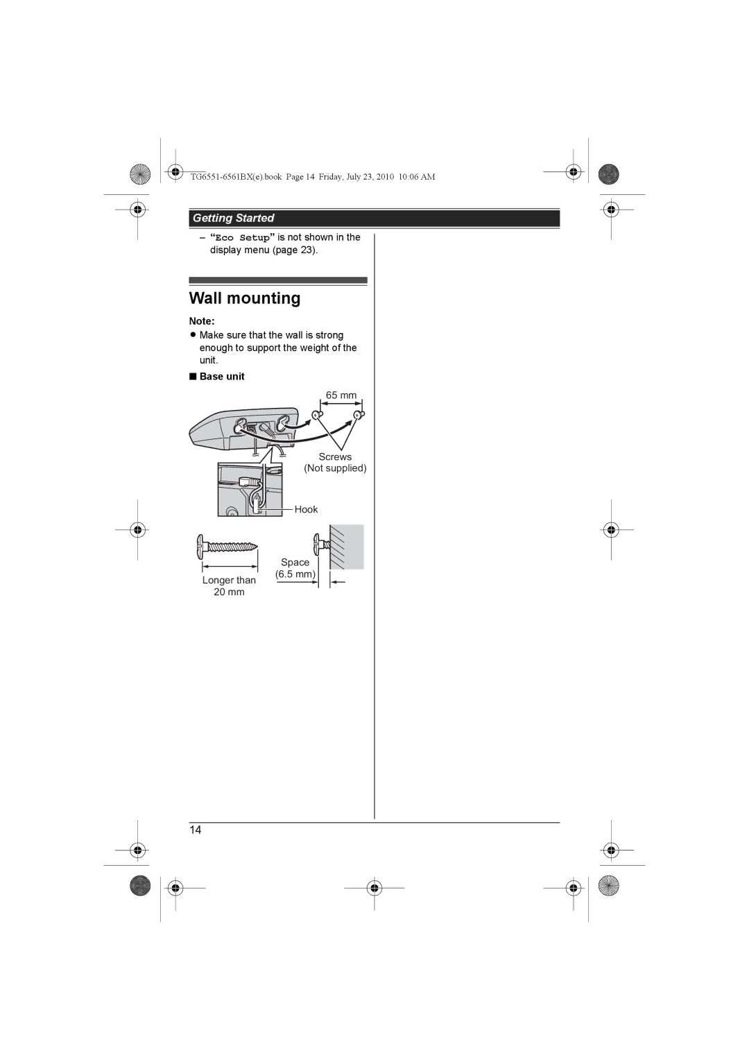 Panasonic KX-TG6561BX, KX-TG6551BX operating instructions Wall mounting, Base unit 