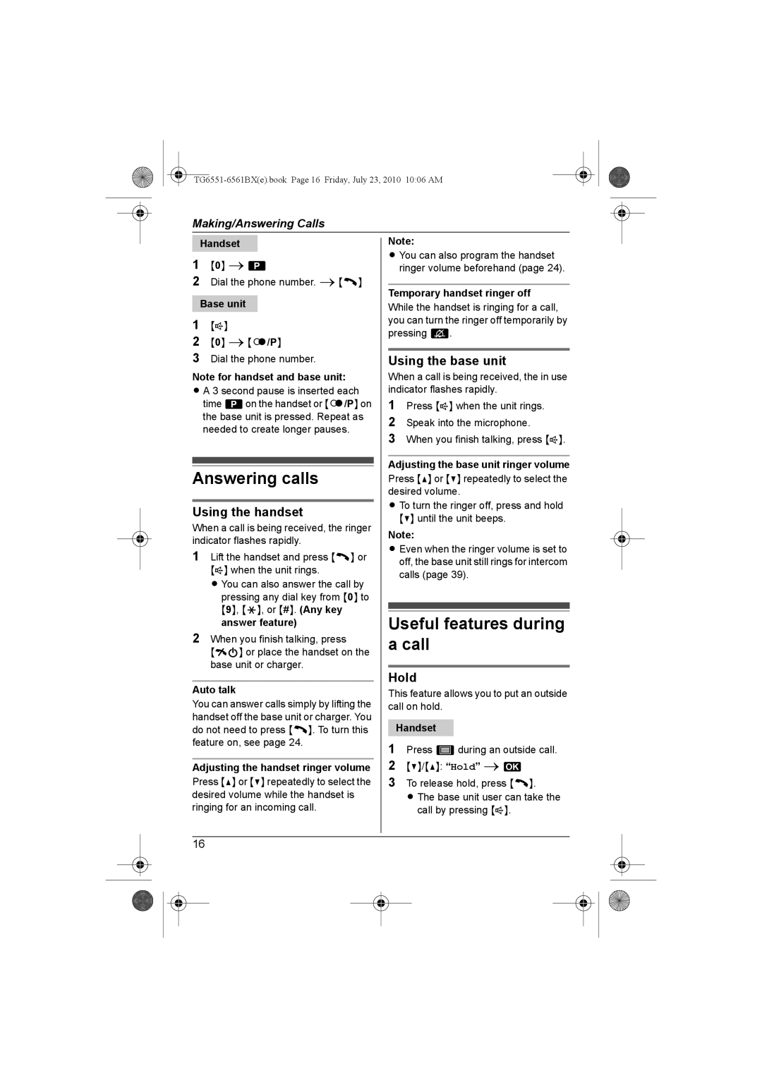 Panasonic KX-TG6561BX, KX-TG6551BX Answering calls, Useful features during a call, Using the handset, Hold 