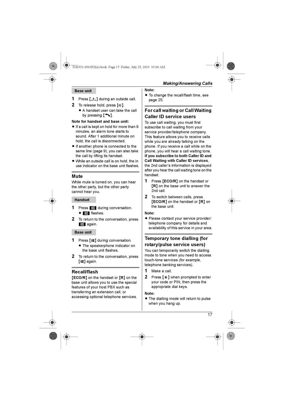 Panasonic KX-TG6551BX, KX-TG6561BX Mute, Recall/flash, Temporary tone dialling for rotary/pulse service users 