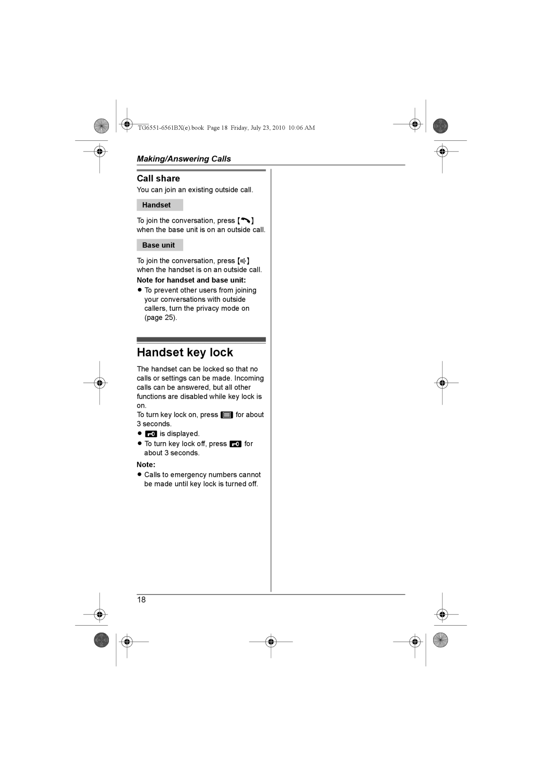 Panasonic KX-TG6561BX, KX-TG6551BX operating instructions Handset key lock, Call share 