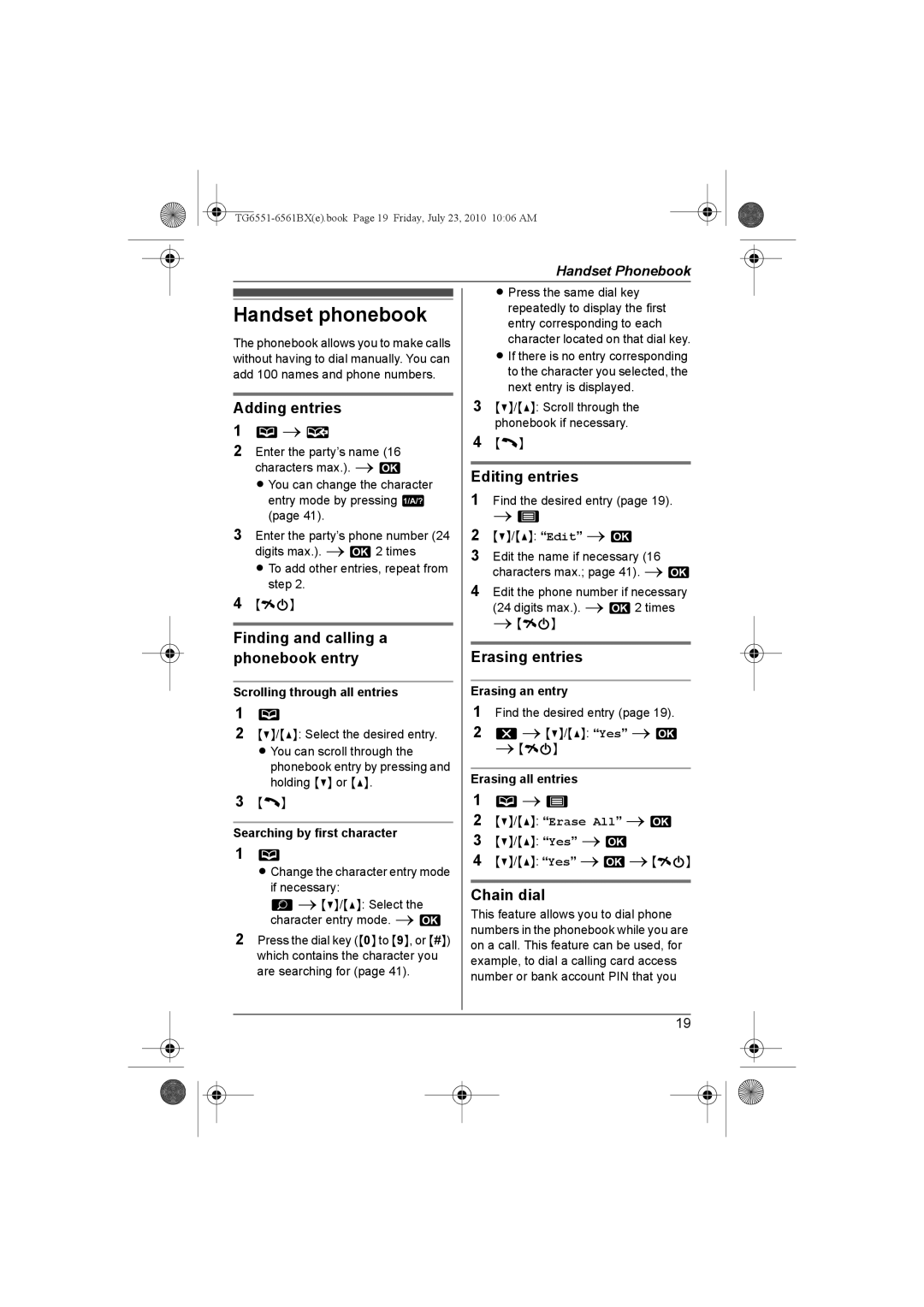 Panasonic KX-TG6551BX, KX-TG6561BX operating instructions Handset phonebook 