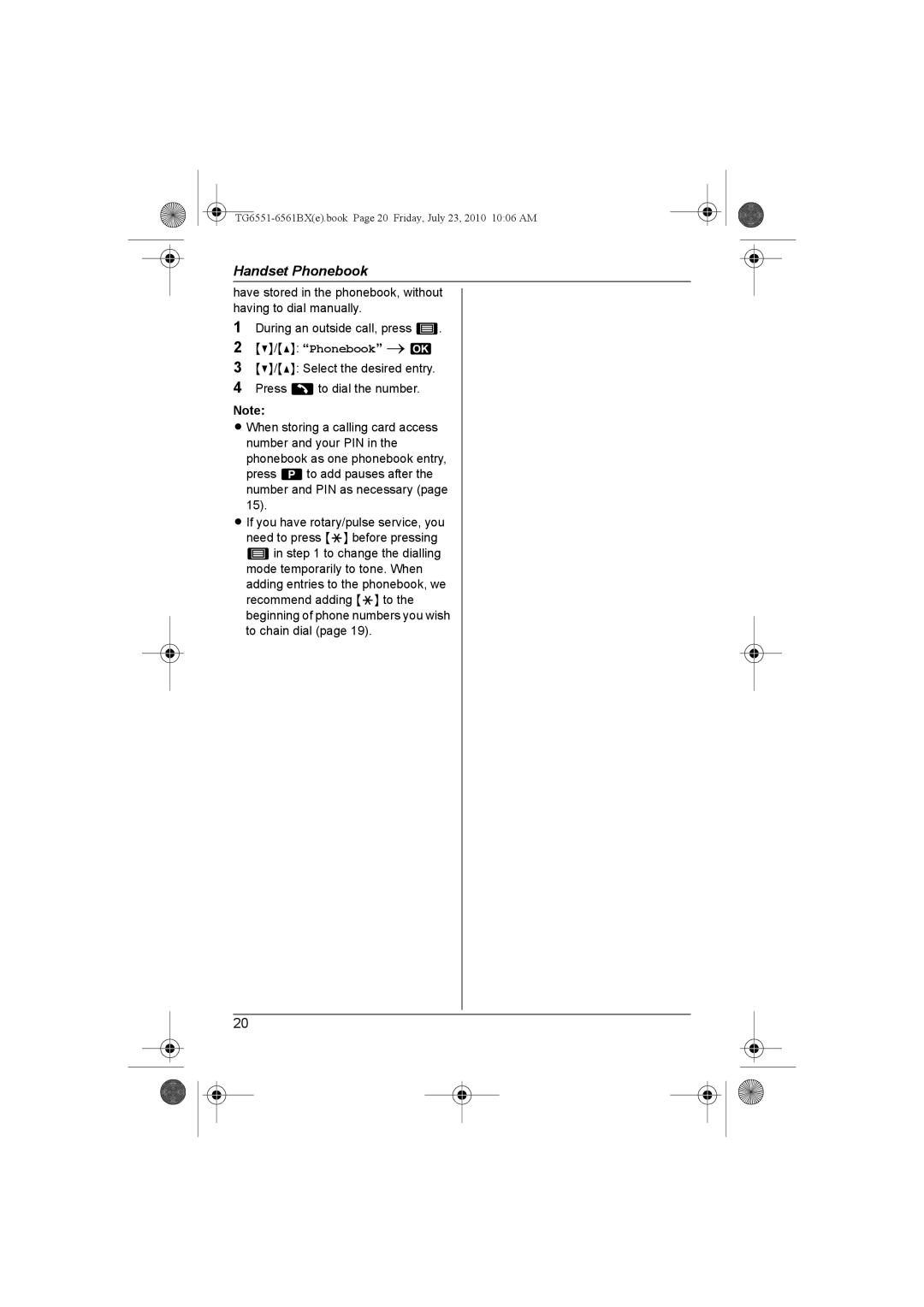 Panasonic KX-TG6561BX, KX-TG6551BX operating instructions TG6551-6561BXe.book Page 20 Friday, July 23, 2010 1006 AM 