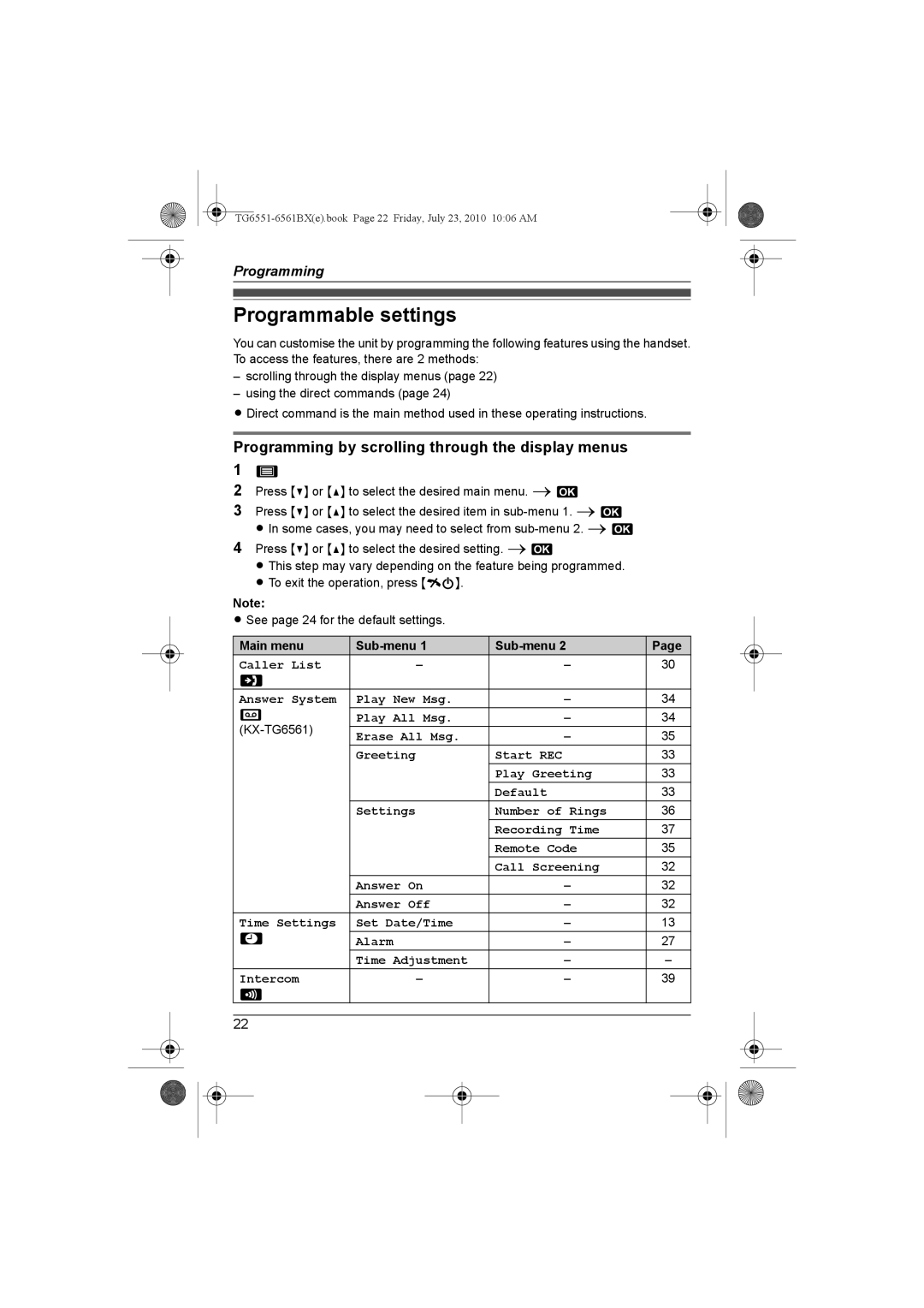 Panasonic KX-TG6561BX Programmable settings, Programming by scrolling through the display menus, Main menu Sub-menu 