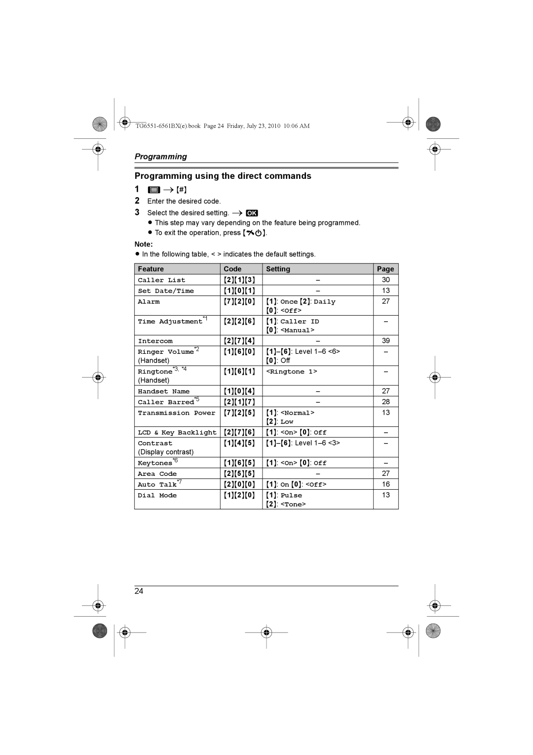 Panasonic KX-TG6561BX, KX-TG6551BX operating instructions Programming using the direct commands, Feature Code Setting 