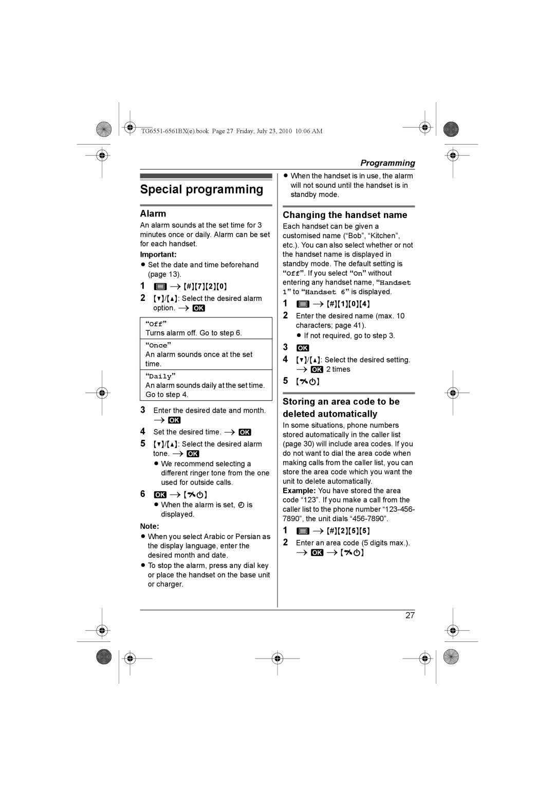 Panasonic KX-TG6551BX, KX-TG6561BX operating instructions Special programming, Alarm, Changing the handset name 