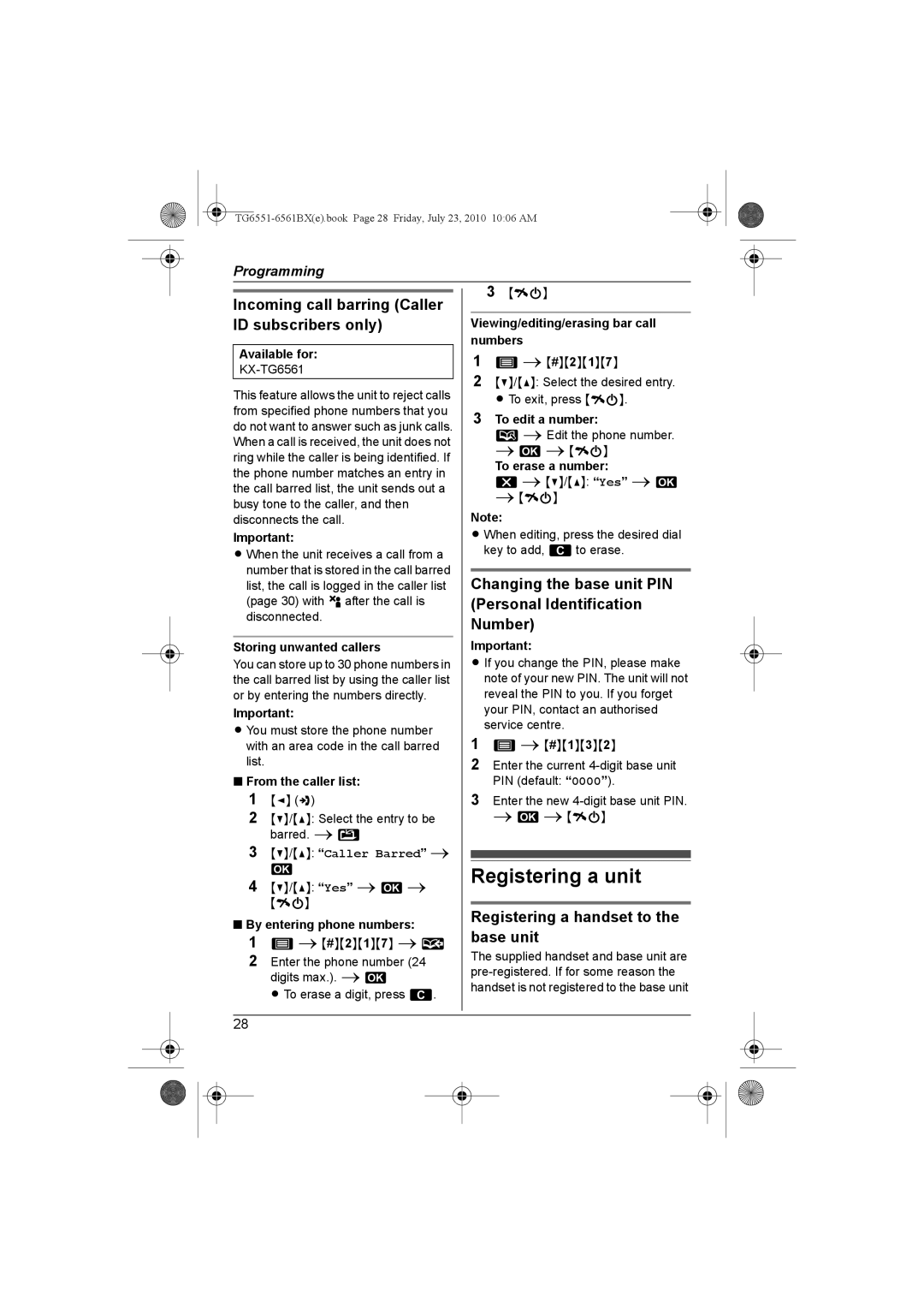 Panasonic KX-TG6561BX, KX-TG6551BX Registering a unit, Incoming call barring Caller ID subscribers only 