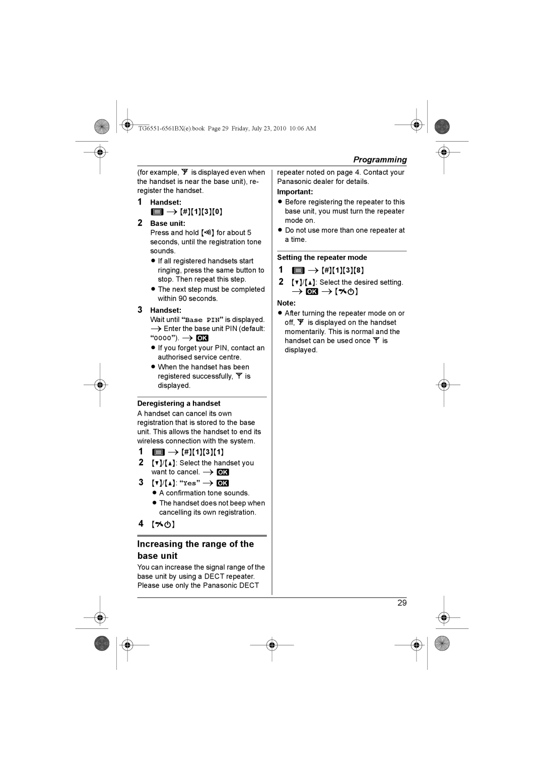 Panasonic KX-TG6551BX Increasing the range of the base unit, Deregistering a handset, Setting the repeater mode 