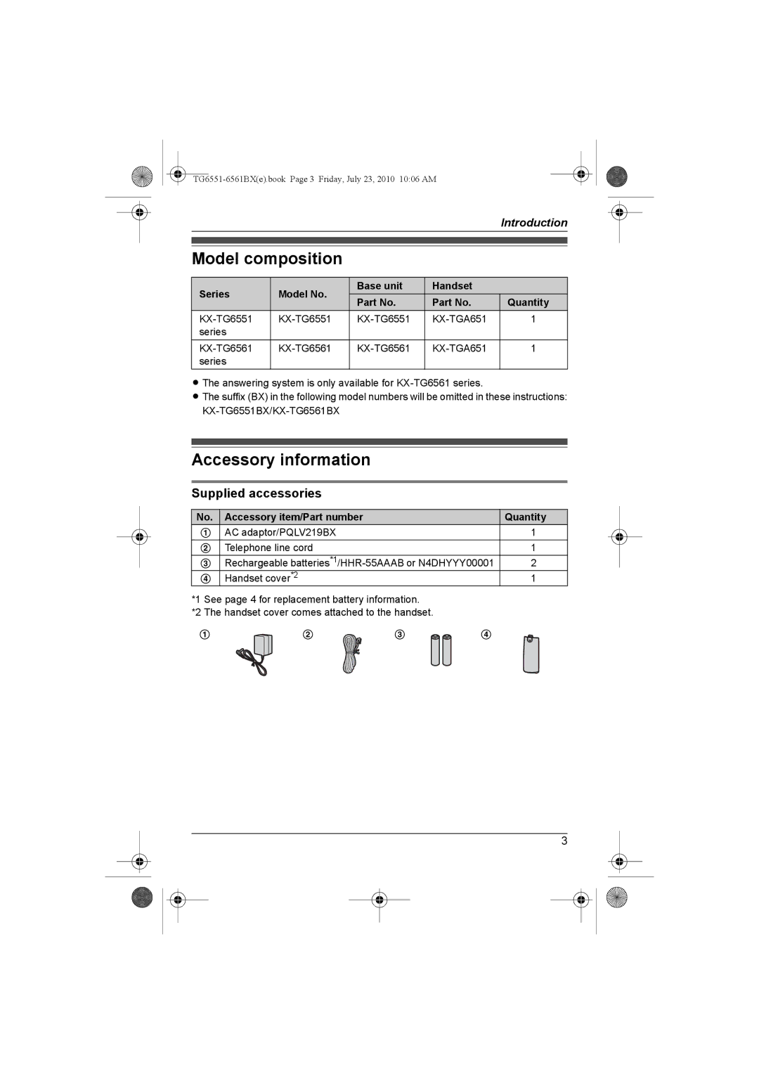 Panasonic KX-TG6551BX Model composition, Accessory information, Supplied accessories, Accessory item/Part number Quantity 