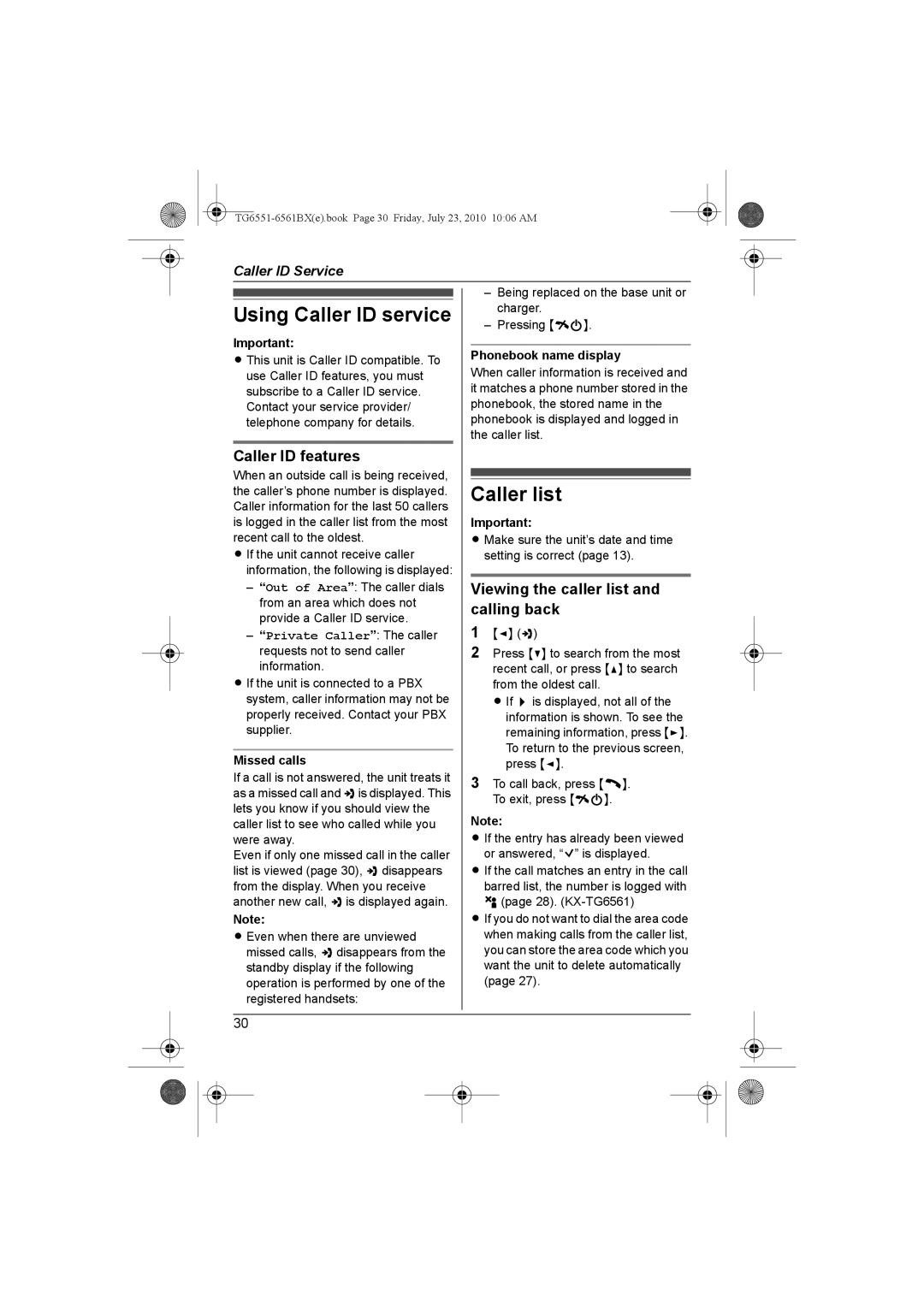 Panasonic KX-TG6561BX Using Caller ID service, Caller list, Caller ID features, Viewing the caller list and calling back 