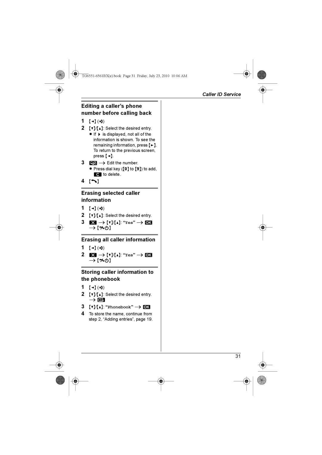 Panasonic KX-TG6551BX Editing a caller’s phone number before calling back, Erasing selected caller information 