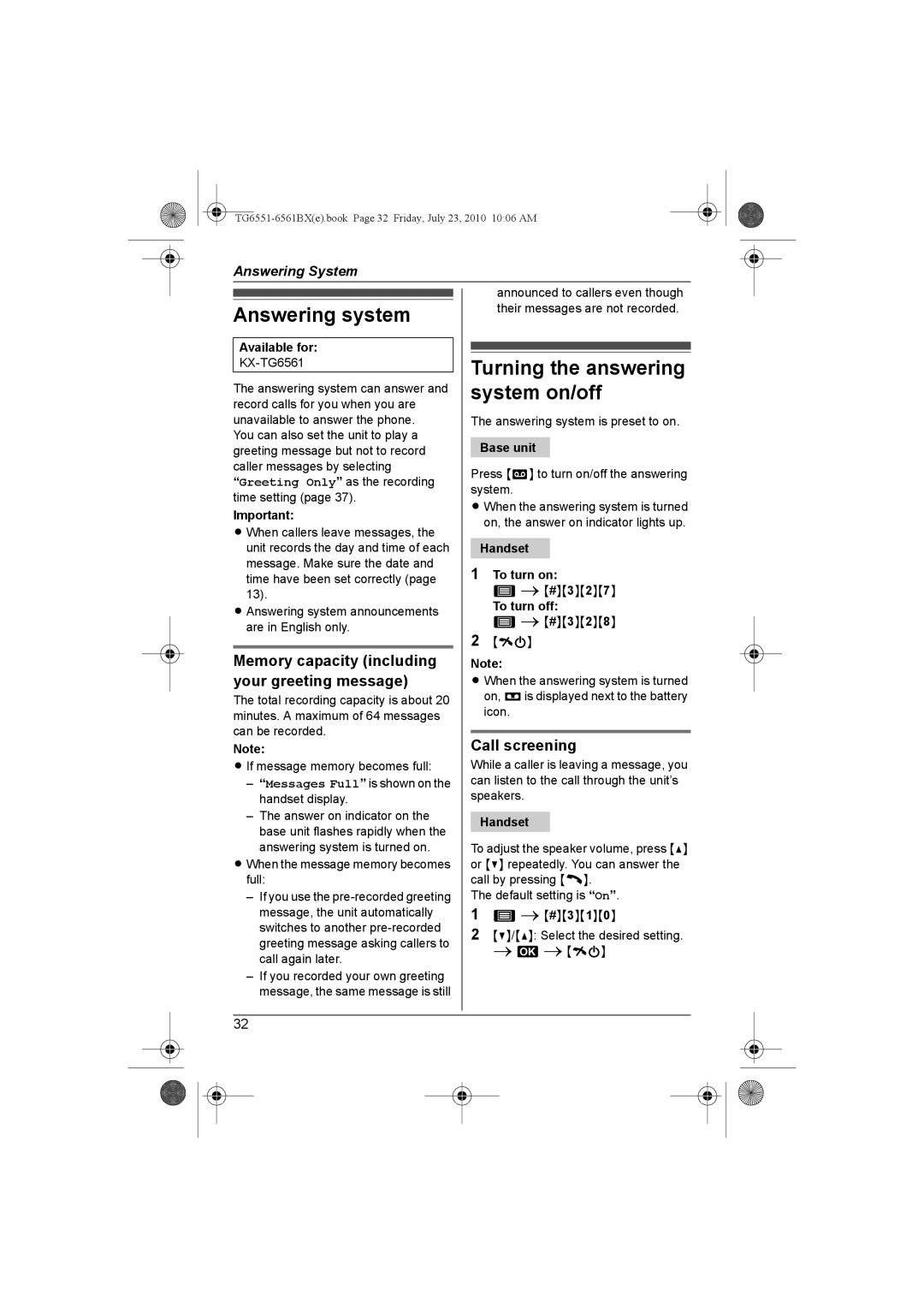 Panasonic KX-TG6561BX, KX-TG6551BX Answering system, Turning the answering system on/off, Call screening 