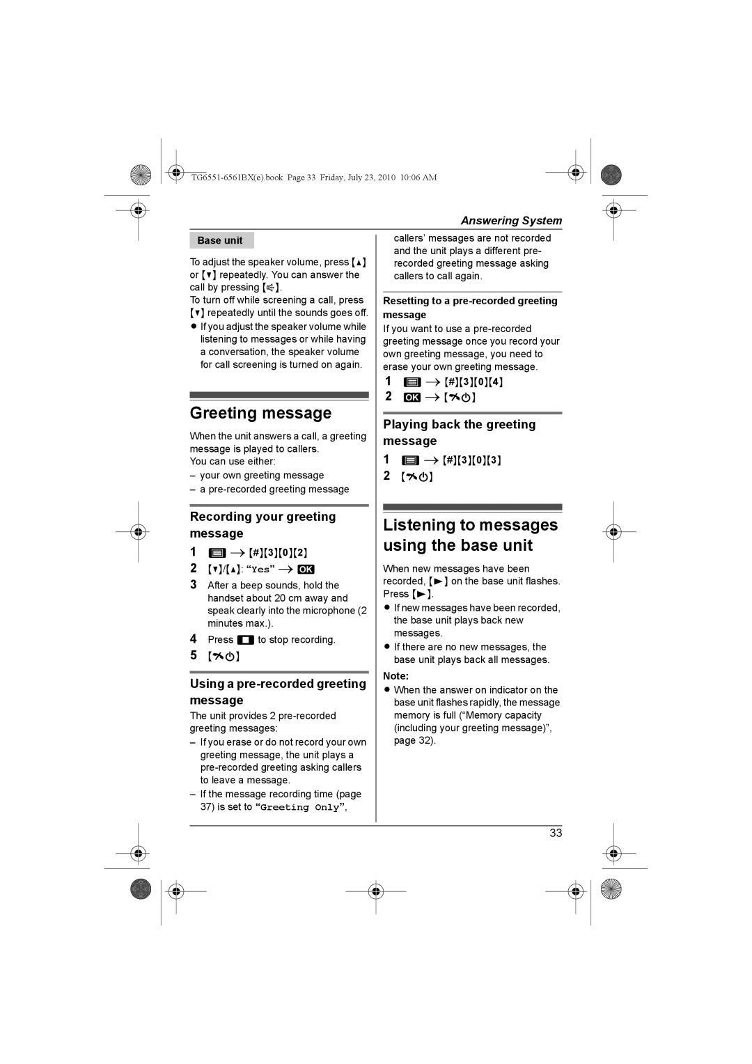 Panasonic KX-TG6551BX Greeting message, Listening to messages using the base unit, Recording your greeting message 