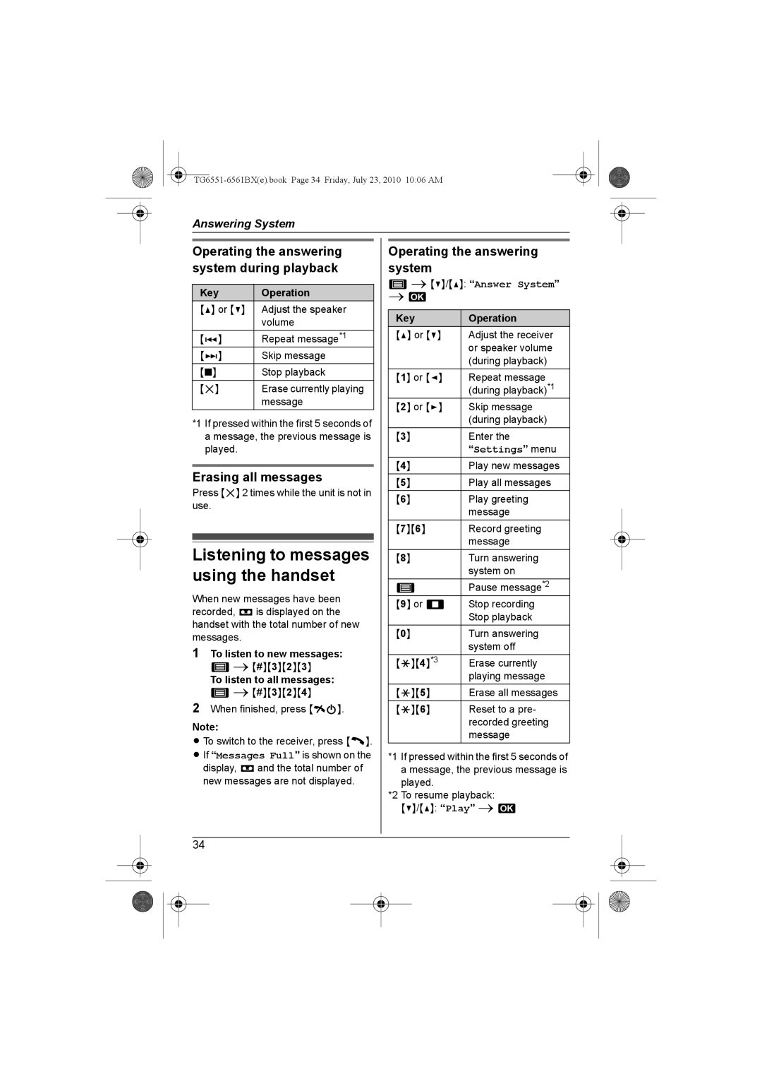 Panasonic KX-TG6561BX, KX-TG6551BX Listening to messages using the handset, Operating the answering system during playback 