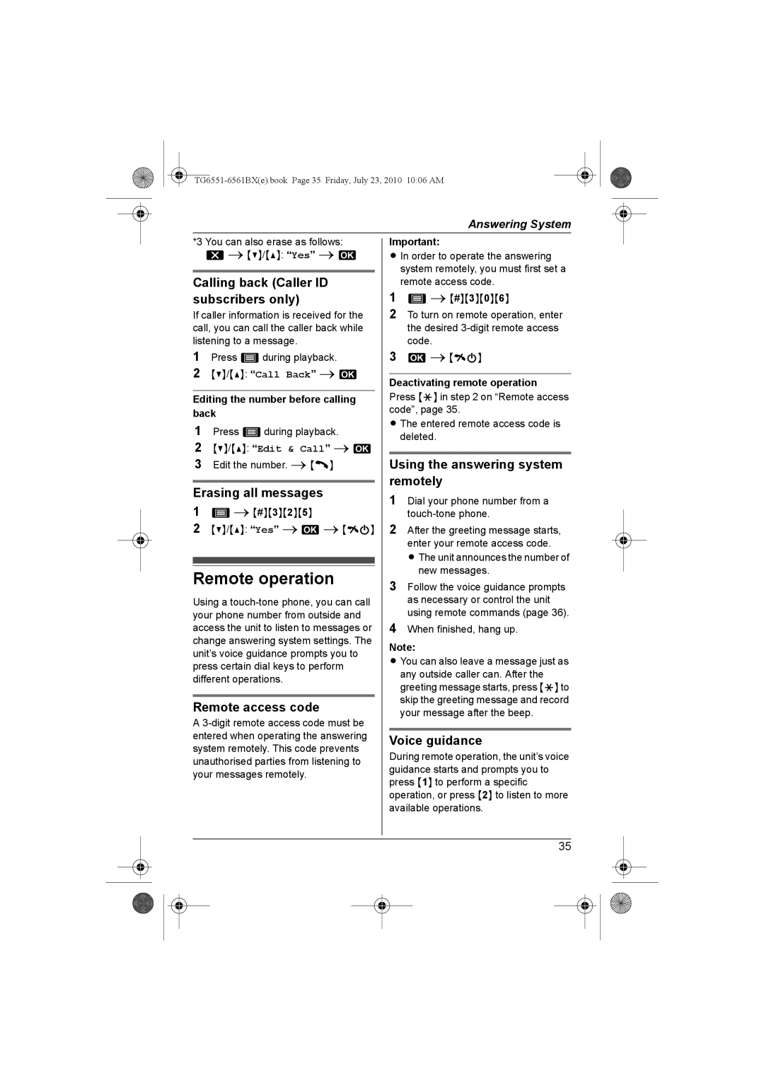 Panasonic KX-TG6551BX Remote operation, Calling back Caller ID subscribers only, Remote access code, Voice guidance 