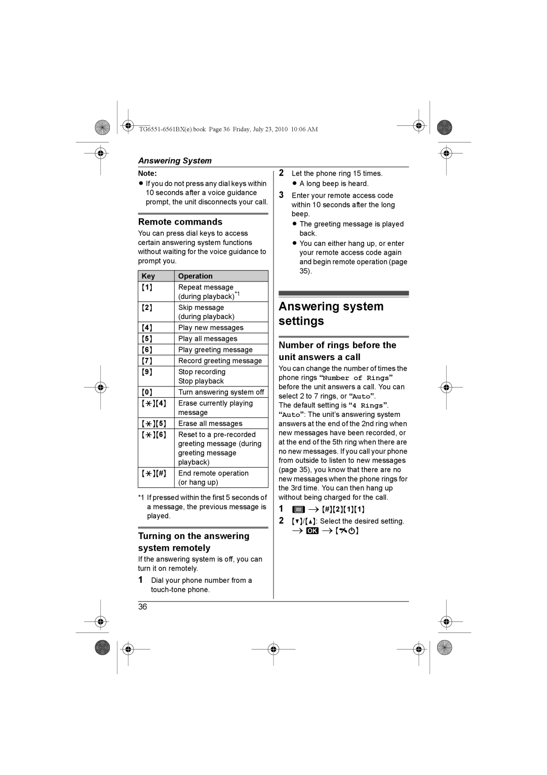 Panasonic KX-TG6561BX, KX-TG6551BX Answering system settings, Remote commands, Turning on the answering system remotely 