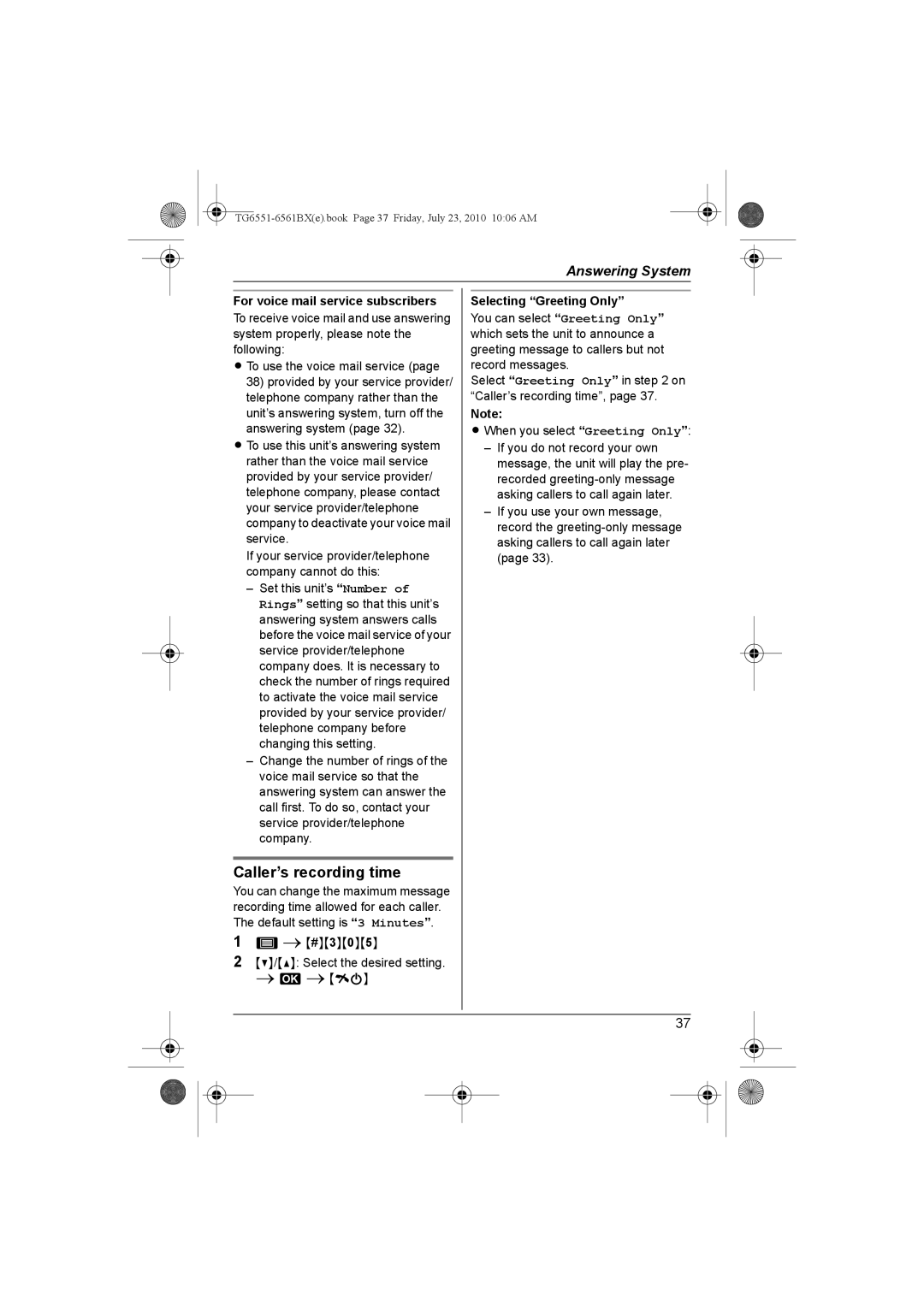 Panasonic KX-TG6551BX, KX-TG6561BX operating instructions Caller’s recording time, Selecting Greeting Only 