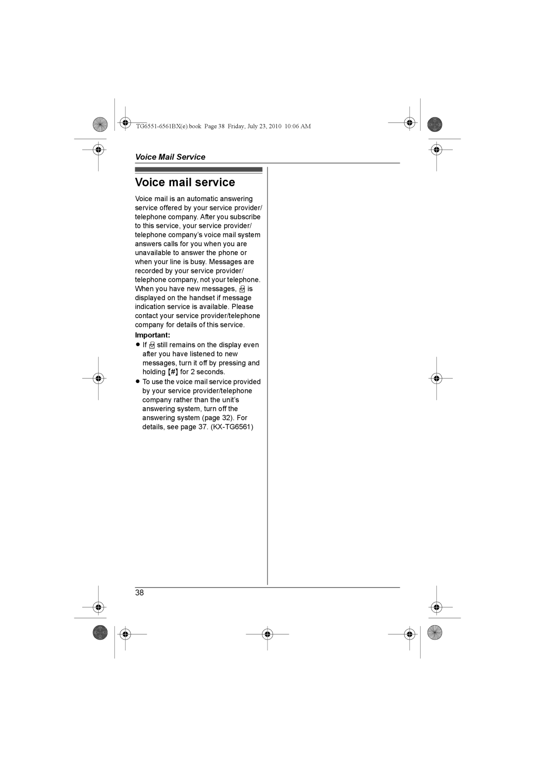 Panasonic KX-TG6561BX, KX-TG6551BX operating instructions Voice mail service 