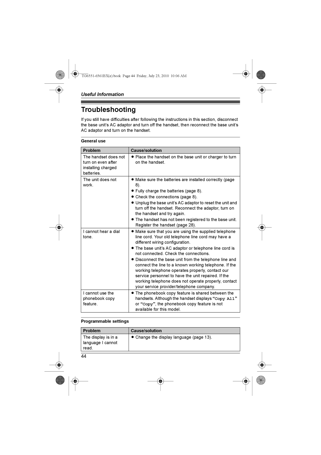 Panasonic KX-TG6561BX, KX-TG6551BX operating instructions Troubleshooting, General use Problem Cause/solution 