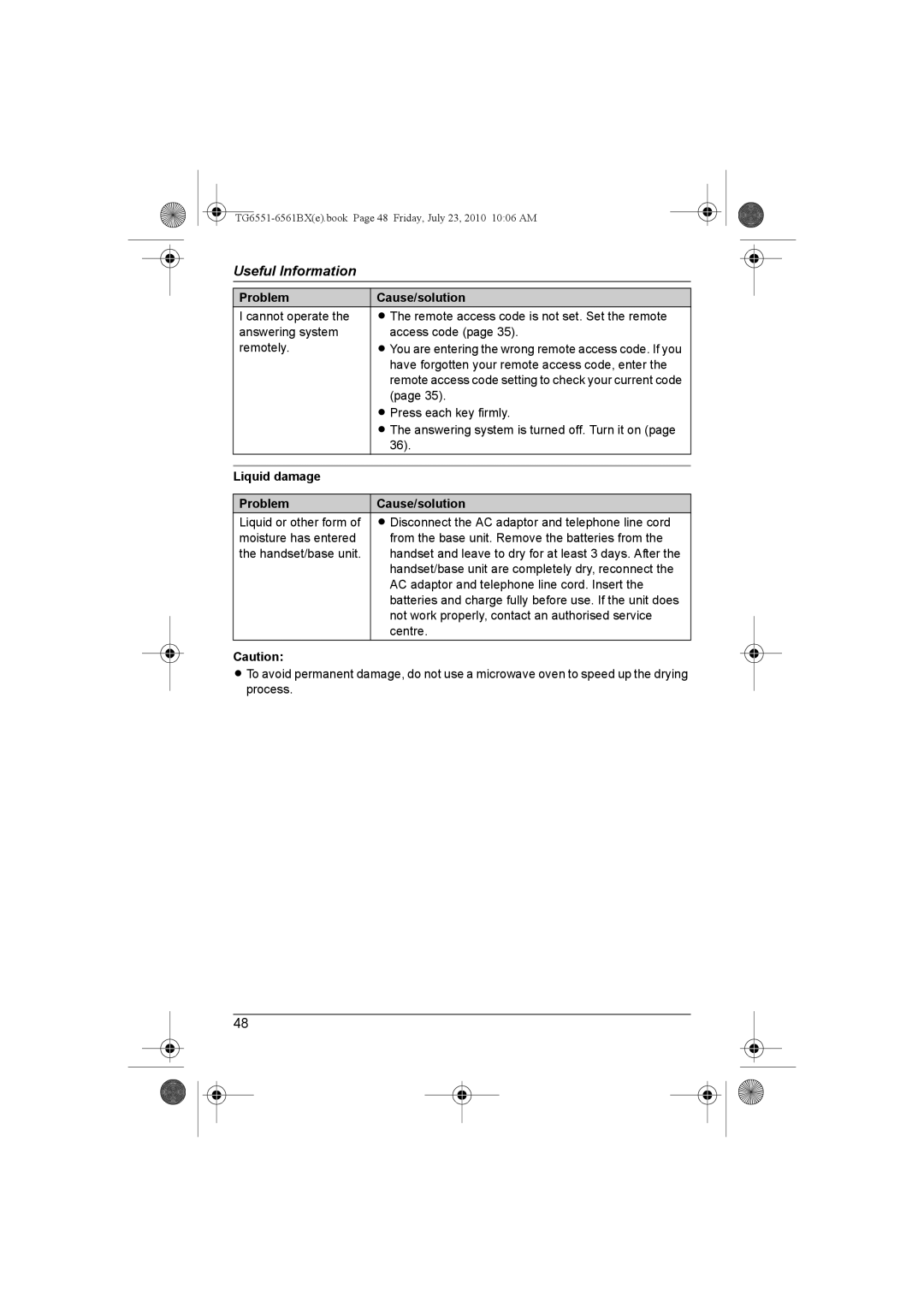 Panasonic KX-TG6561BX, KX-TG6551BX operating instructions Liquid damage Problem Cause/solution 