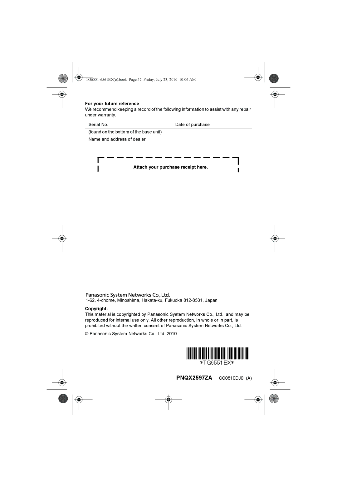 Panasonic KX-TG6561BX, KX-TG6551BX operating instructions For your future reference, Copyright 