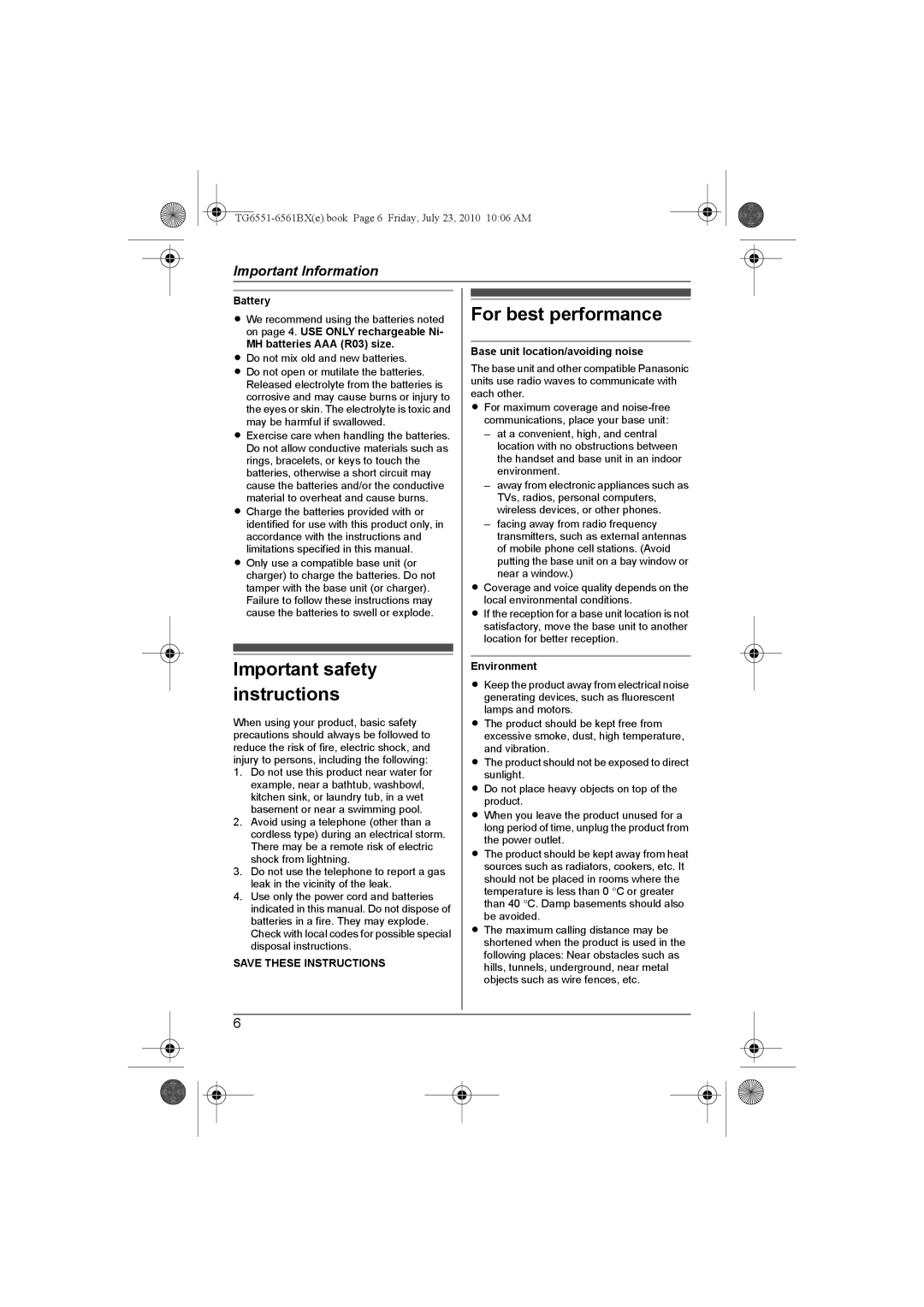 Panasonic KX-TG6561BX, KX-TG6551BX operating instructions Important safety instructions 