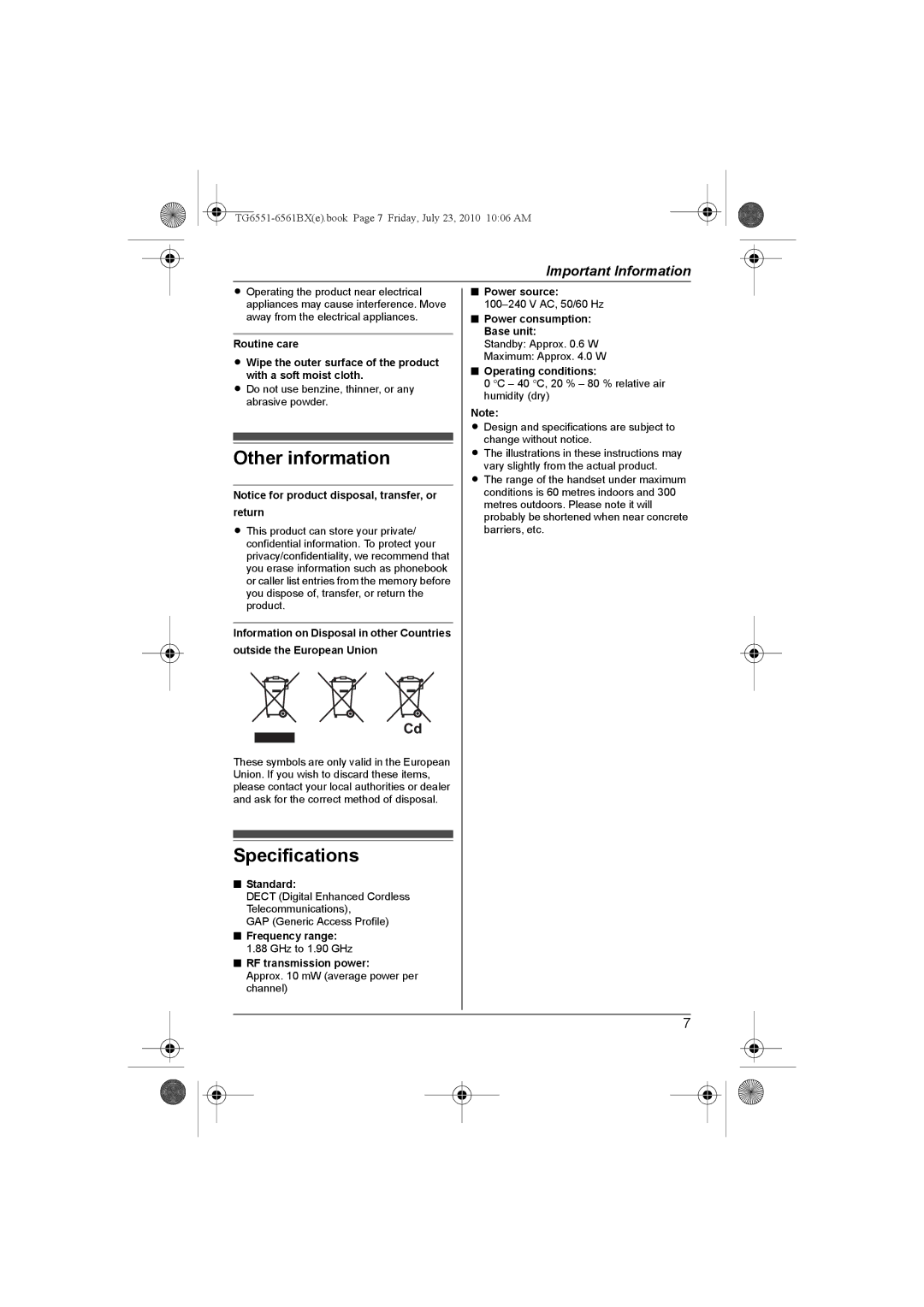 Panasonic KX-TG6551BX, KX-TG6561BX operating instructions Other information 