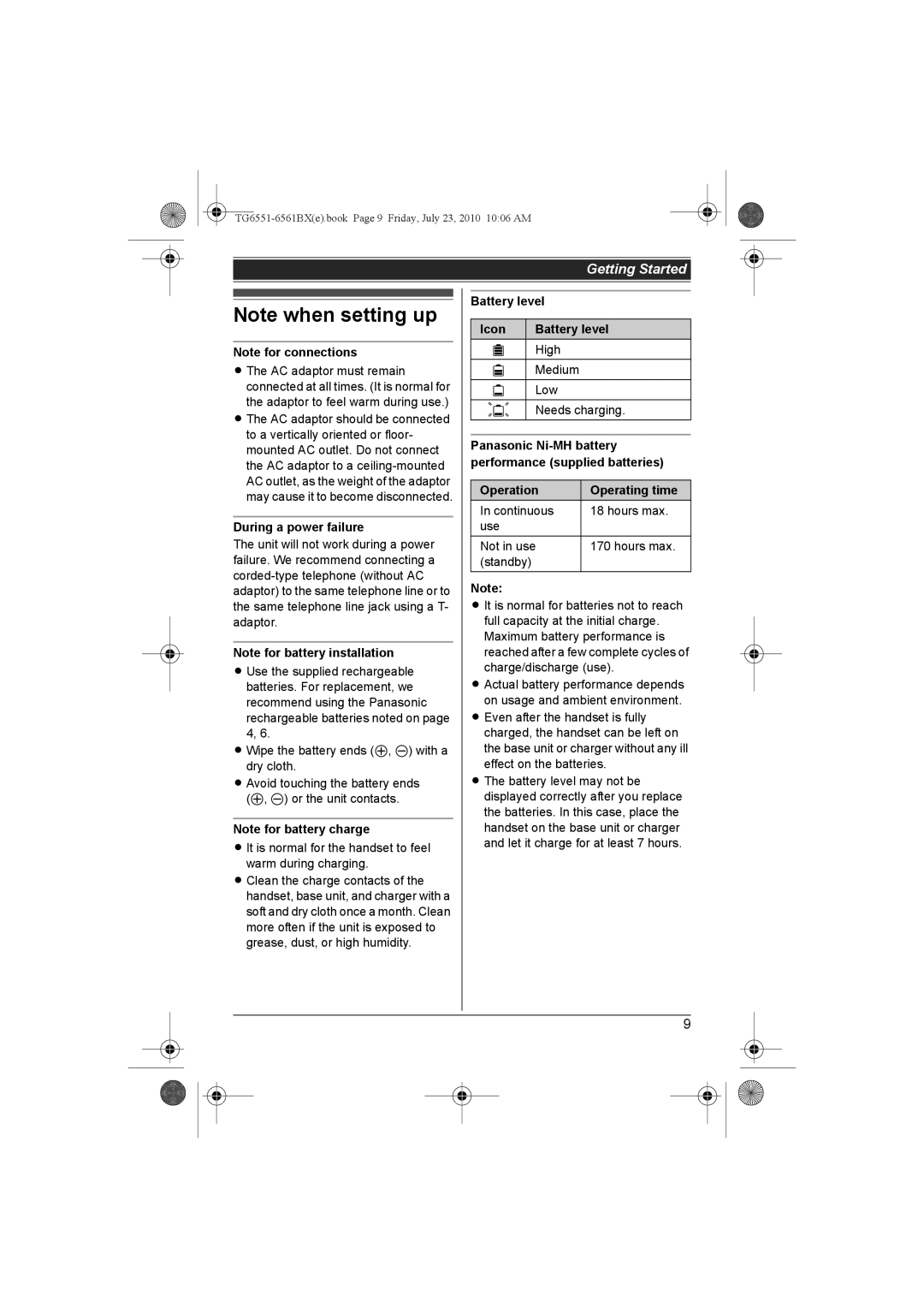 Panasonic KX-TG6551BX, KX-TG6561BX During a power failure, Battery level Icon, Operation Operating time 