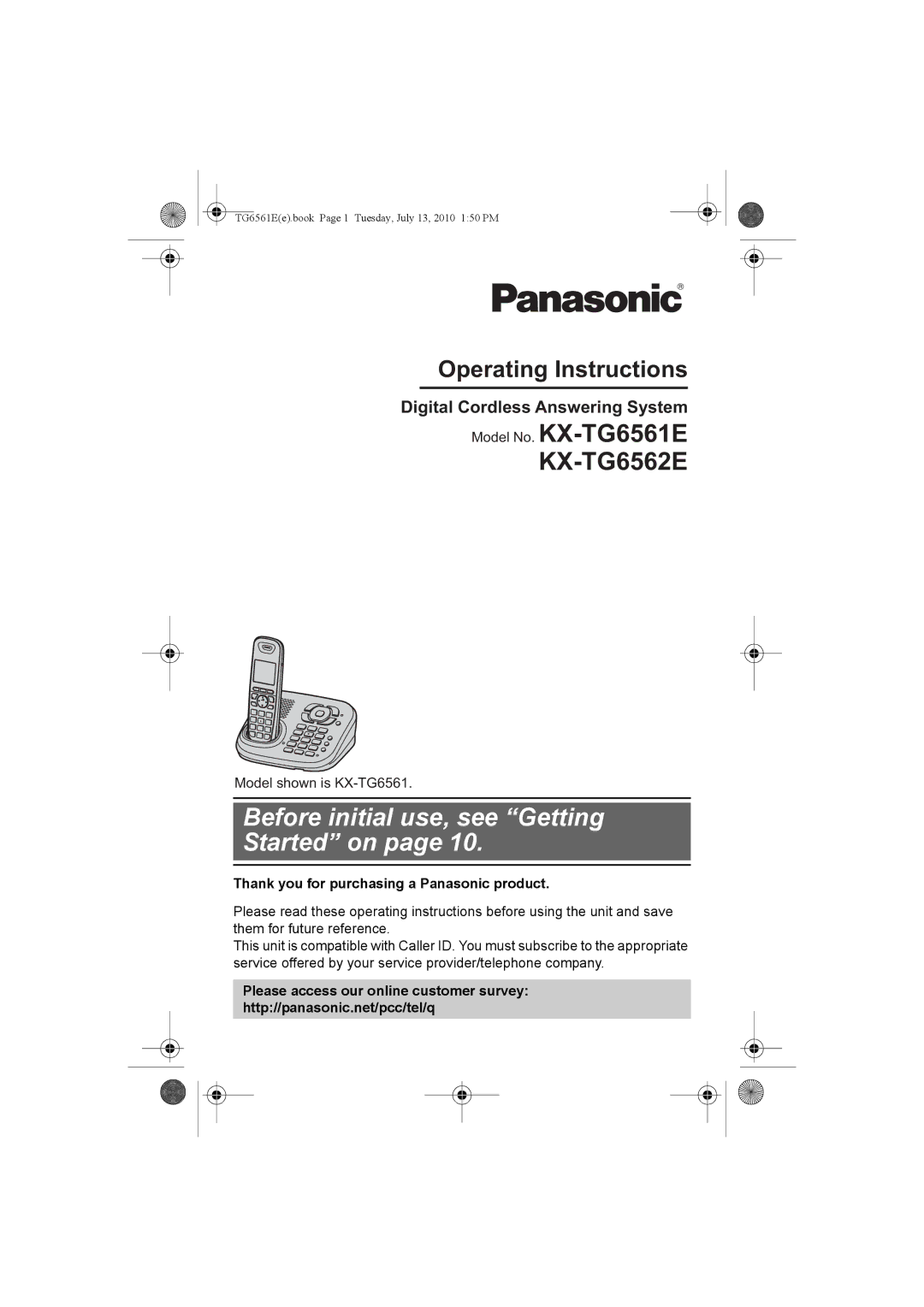 Panasonic KX-TG6561E, KX-TG6562E operating instructions Before initial use, see Getting Started on 