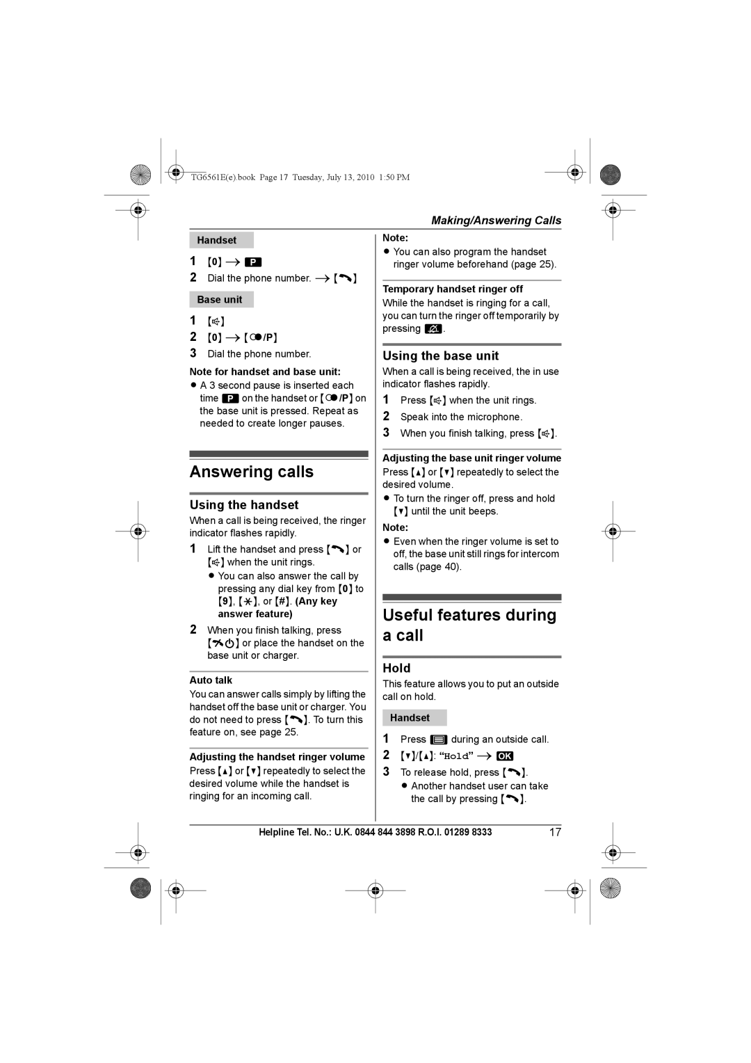 Panasonic KX-TG6561E, KX-TG6562E Answering calls, Useful features during a call, Using the handset, Hold 