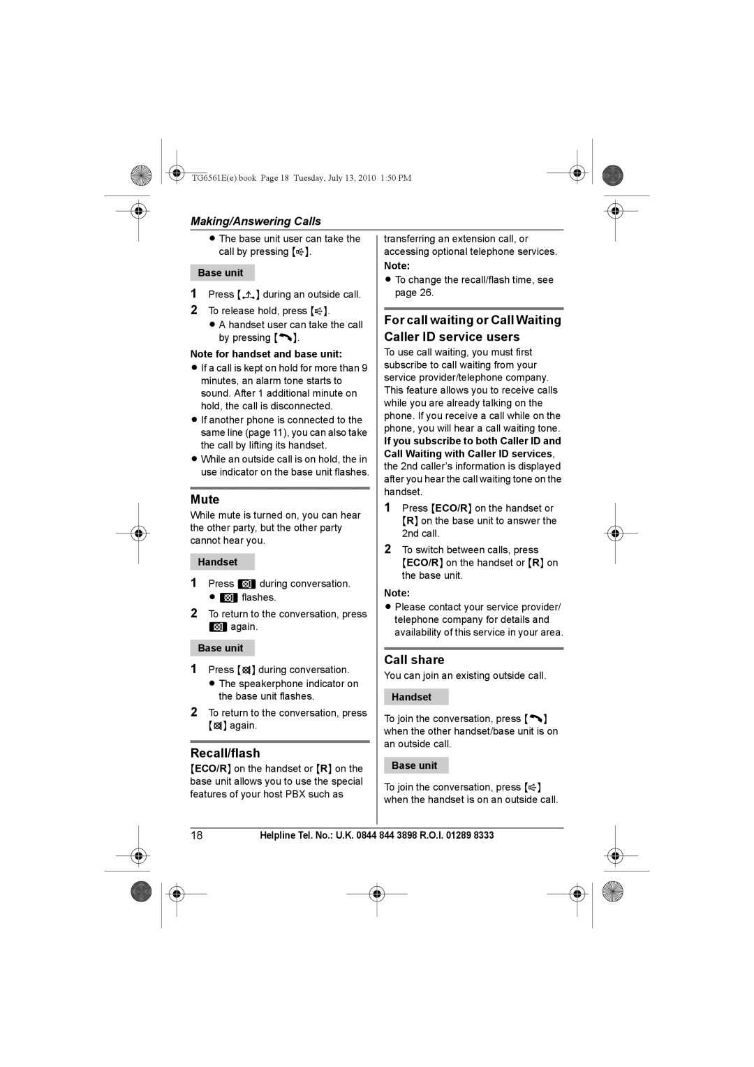 Panasonic KX-TG6562E, KX-TG6561E operating instructions Mute, Recall/flash, Call share 