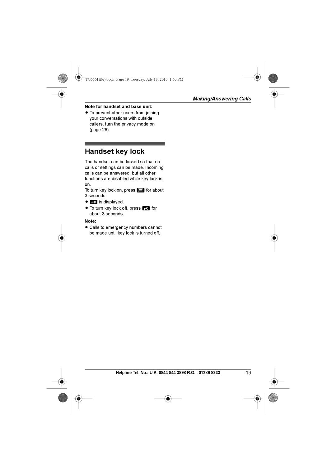 Panasonic KX-TG6561E, KX-TG6562E operating instructions Handset key lock 