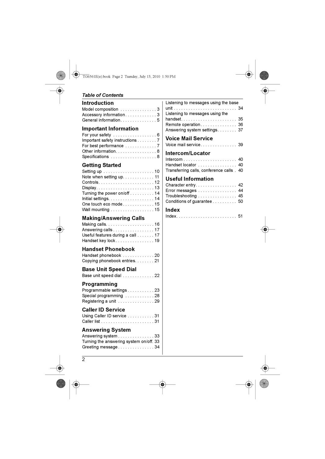 Panasonic KX-TG6562E Introduction, Important Information, Getting Started, Making/Answering Calls, Handset Phonebook 