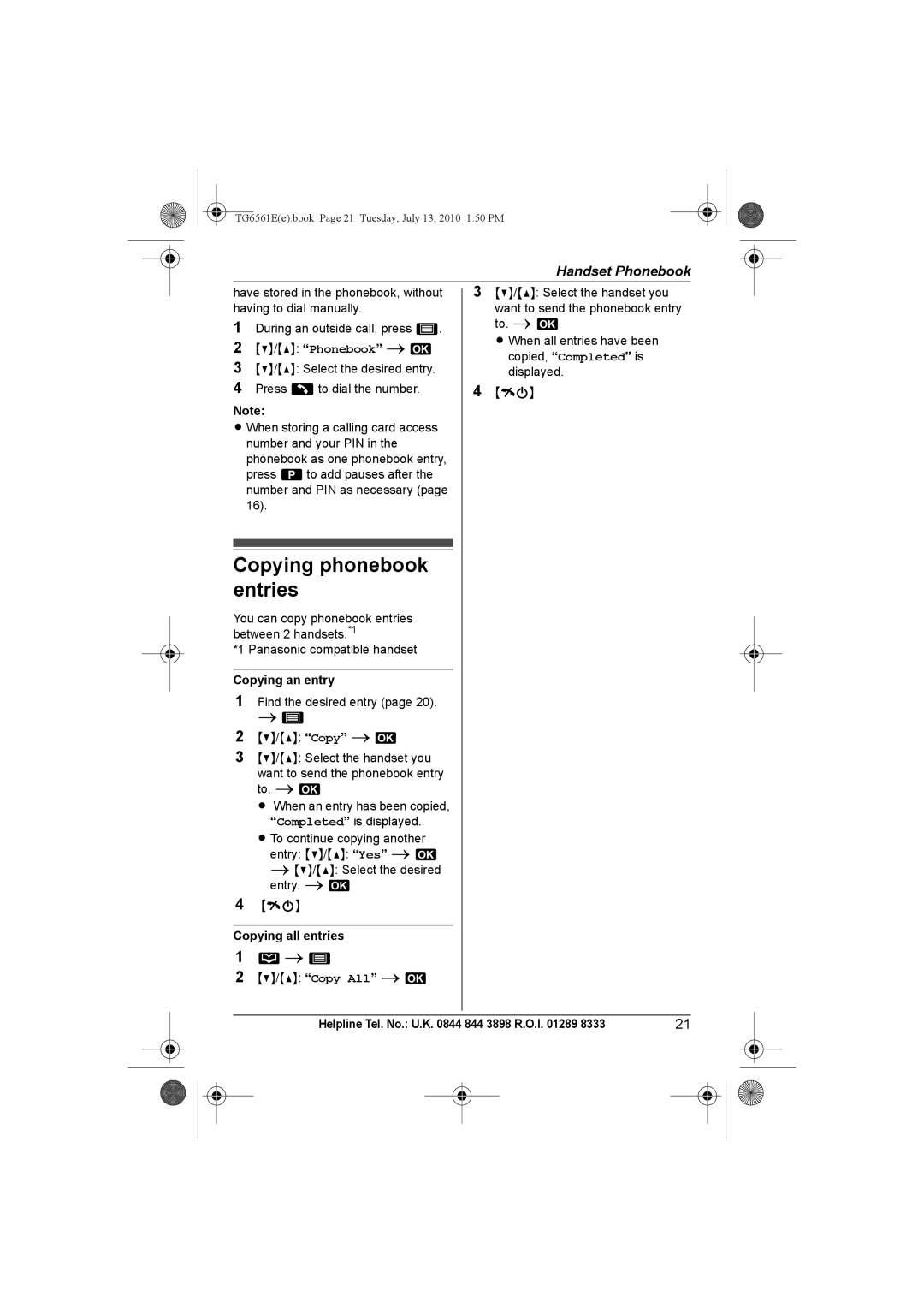 Panasonic KX-TG6561E, KX-TG6562E operating instructions Copying phonebook entries, Copying an entry, Copying all entries 