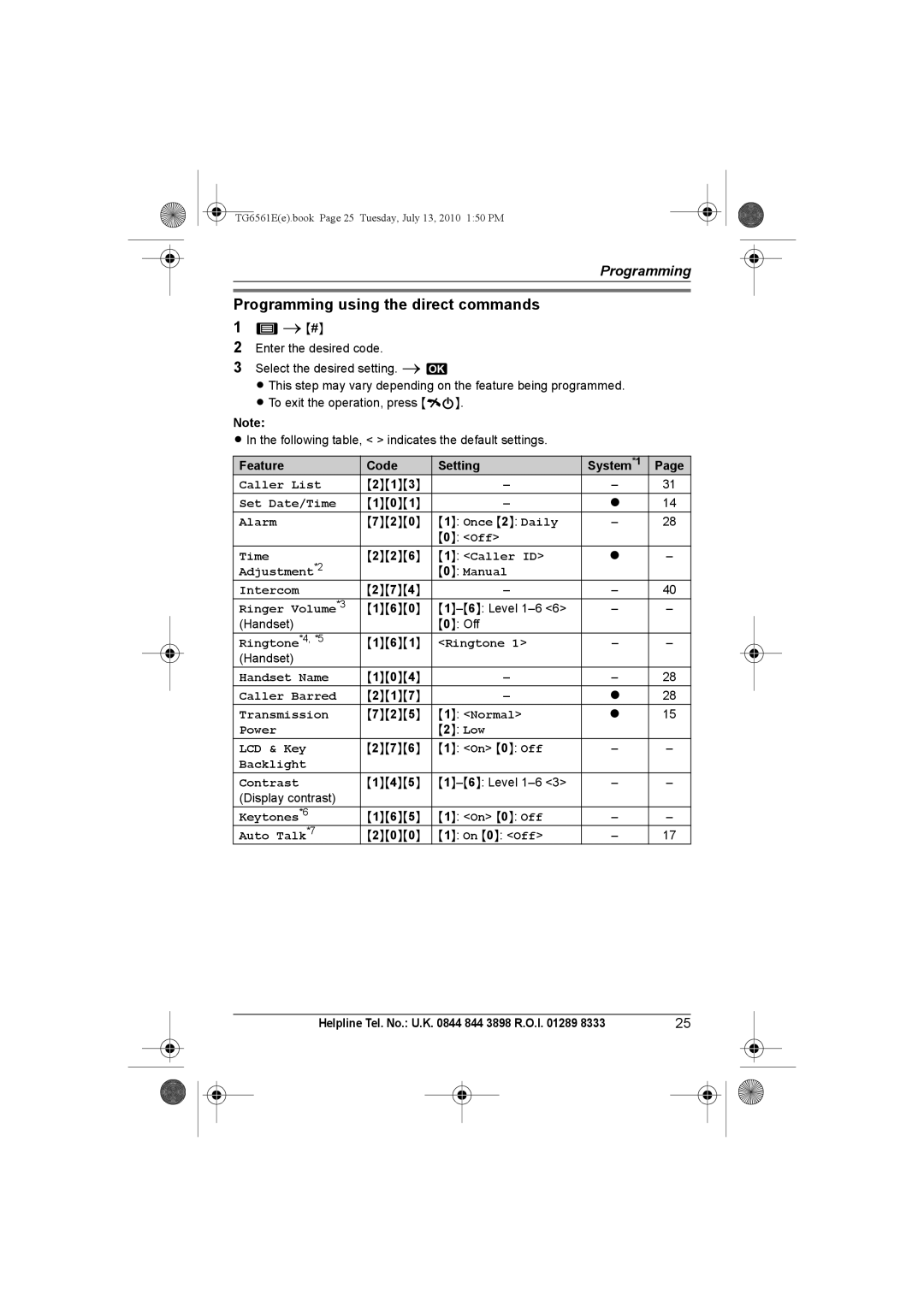 Panasonic KX-TG6561E, KX-TG6562E operating instructions Programming using the direct commands, Feature Code Setting 