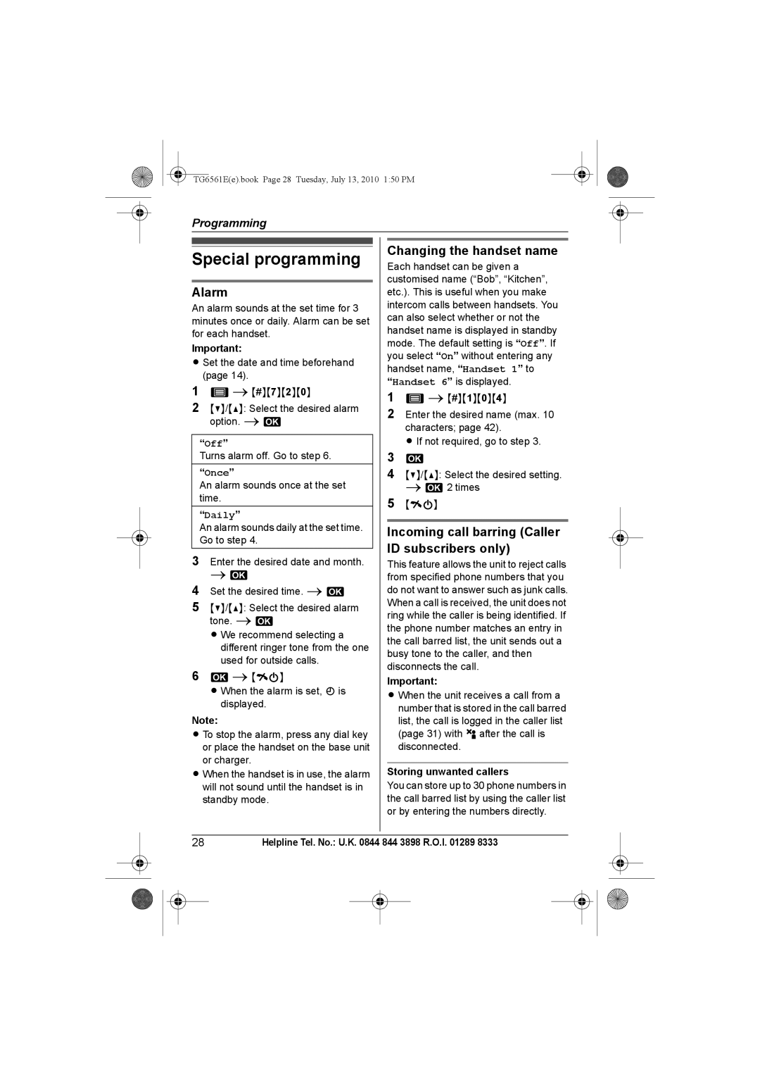 Panasonic KX-TG6562E, KX-TG6561E Special programming, Alarm, Changing the handset name, Storing unwanted callers 