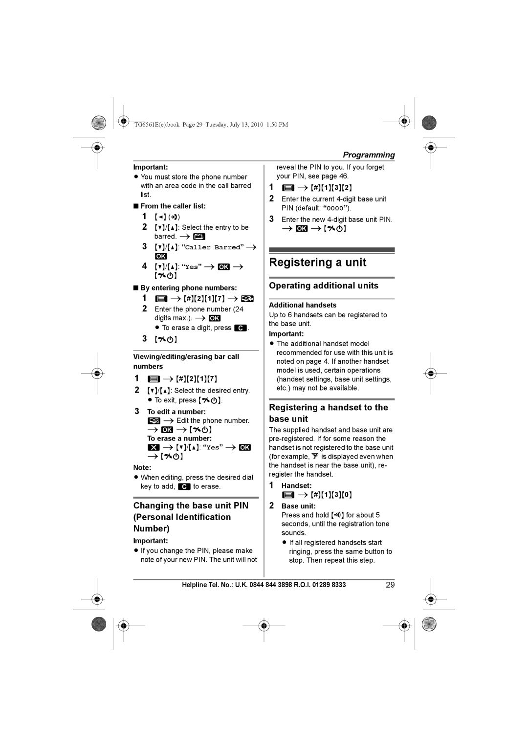 Panasonic KX-TG6561E, KX-TG6562E operating instructions Changing the base unit PIN Personal Identification Number 