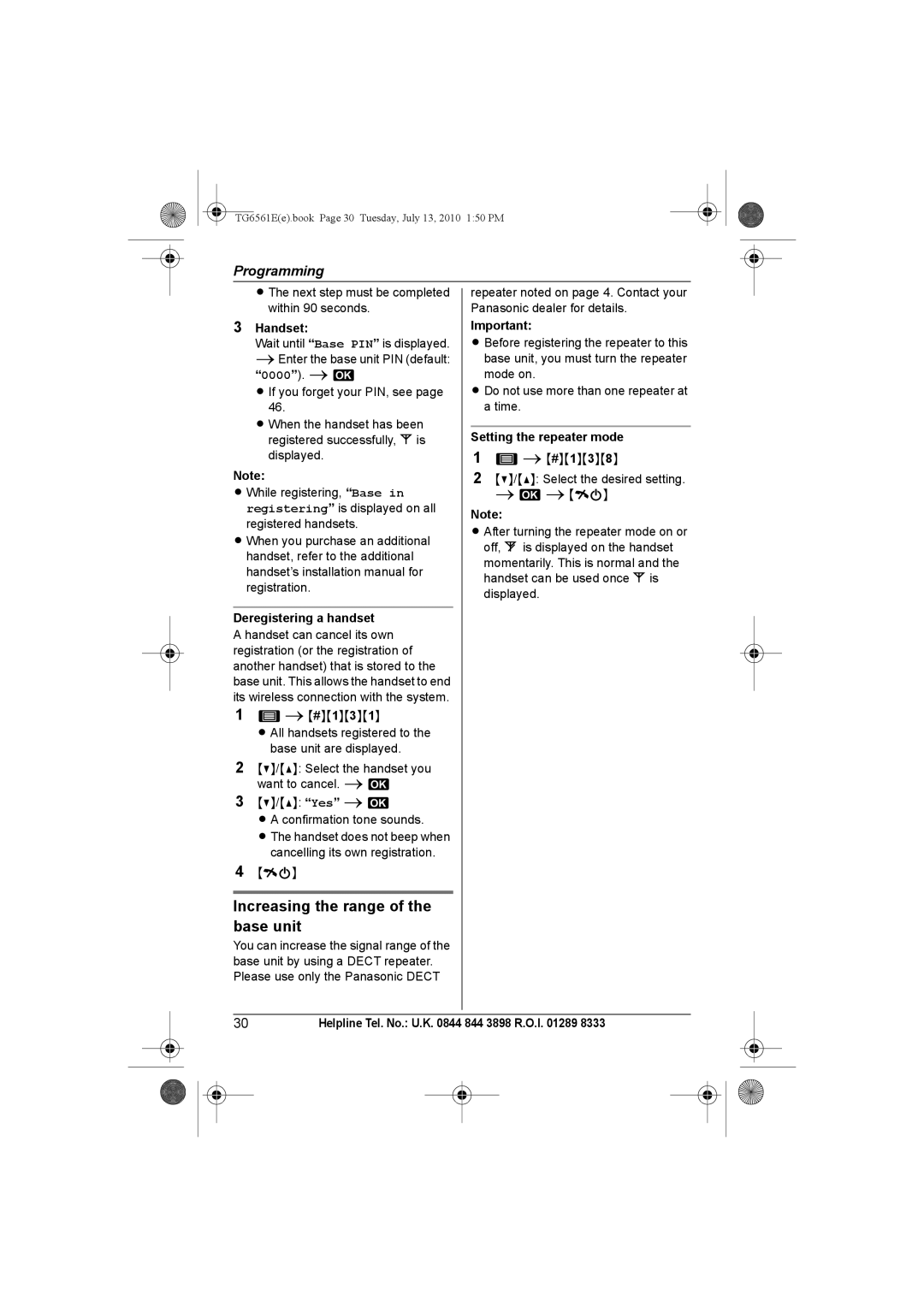 Panasonic KX-TG6562E, KX-TG6561E Increasing the range of the base unit, Deregistering a handset, Setting the repeater mode 