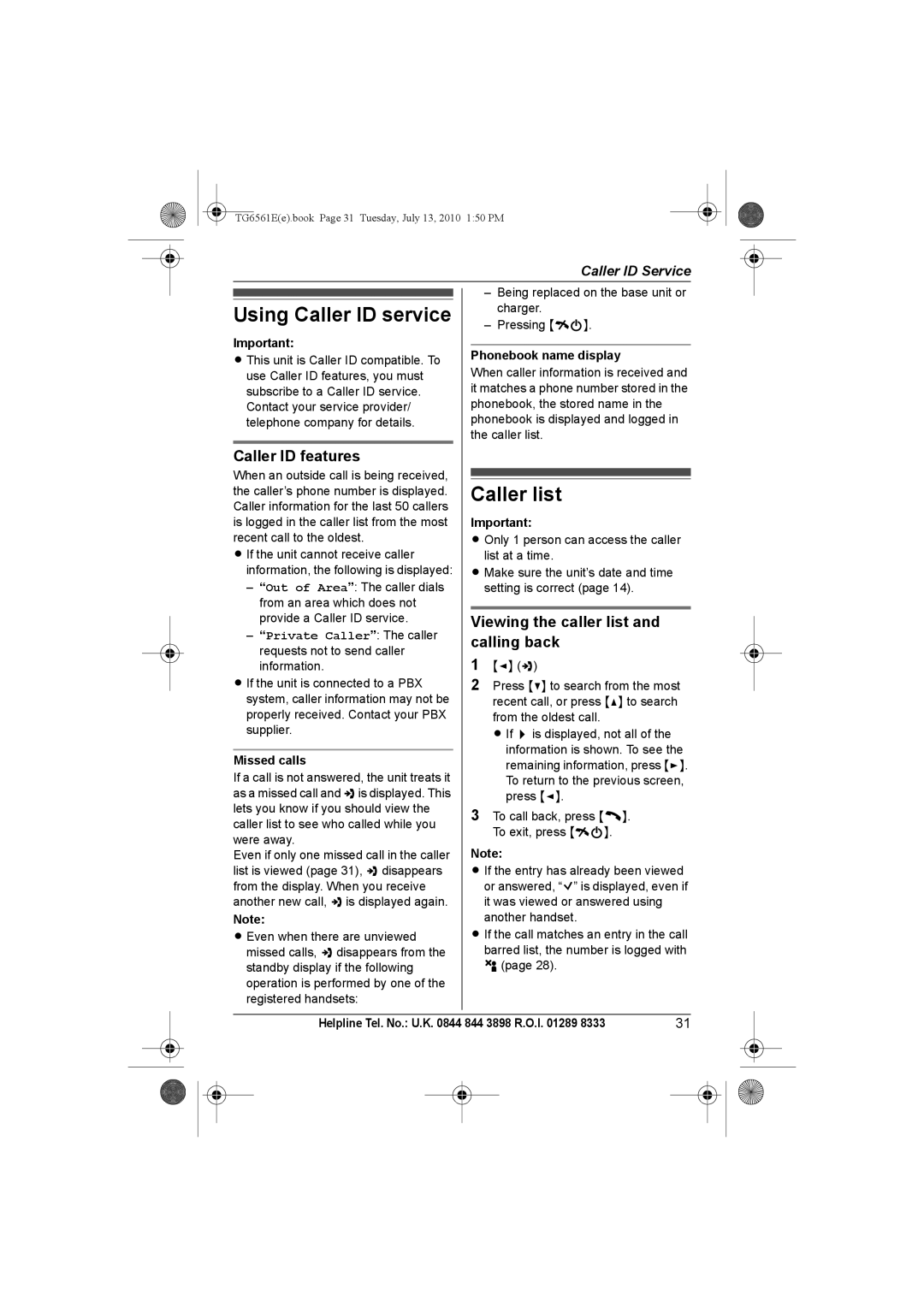 Panasonic KX-TG6561E Using Caller ID service, Caller list, Caller ID features, Viewing the caller list and calling back 