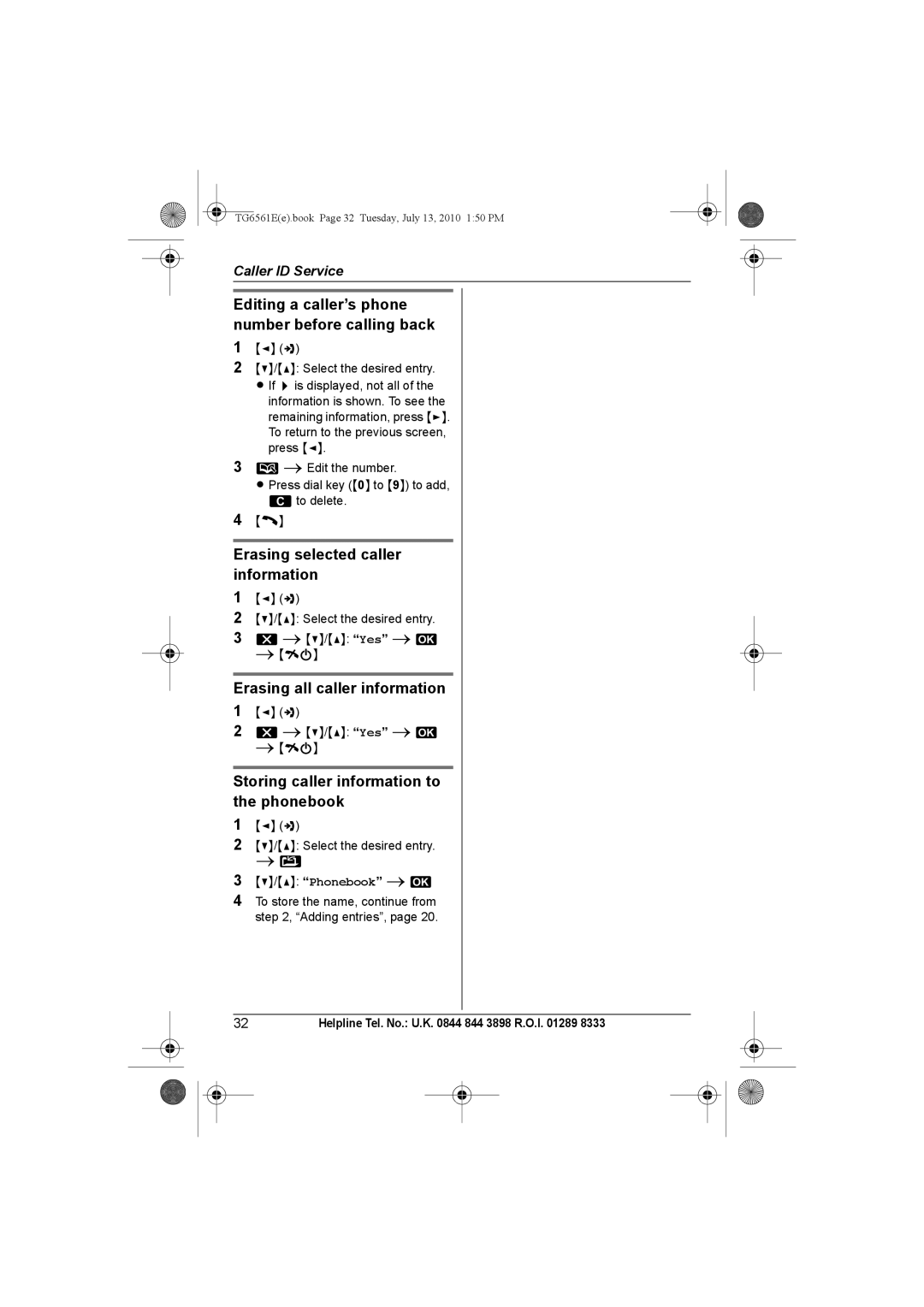 Panasonic KX-TG6562E, KX-TG6561E Editing a caller’s phone number before calling back, Erasing selected caller information 