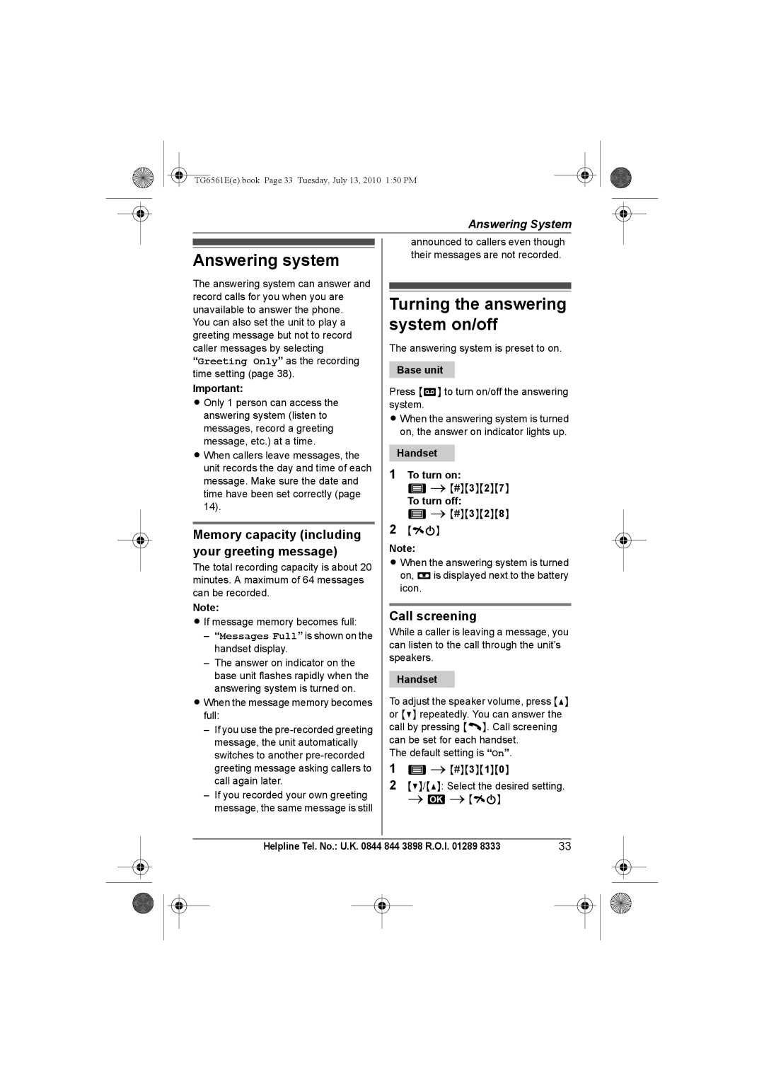 Panasonic KX-TG6561E, KX-TG6562E Answering system, Turning the answering system on/off, Call screening 