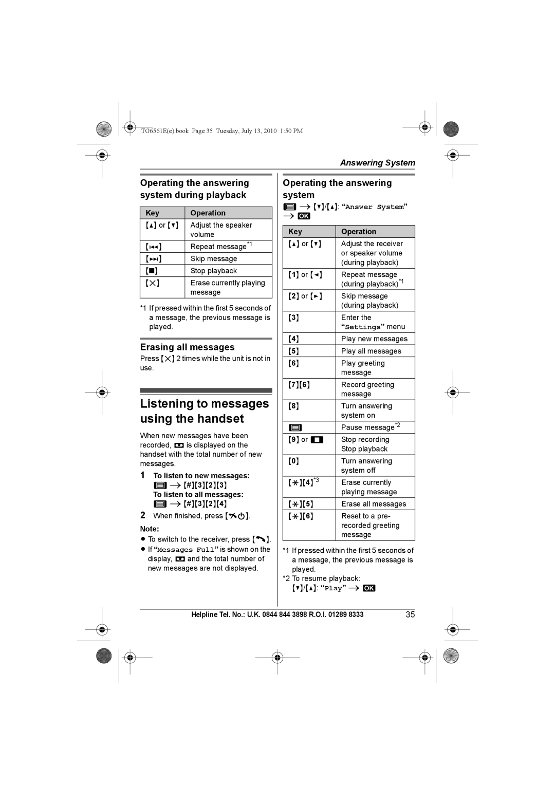 Panasonic KX-TG6561E, KX-TG6562E Listening to messages using the handset, Operating the answering system during playback 