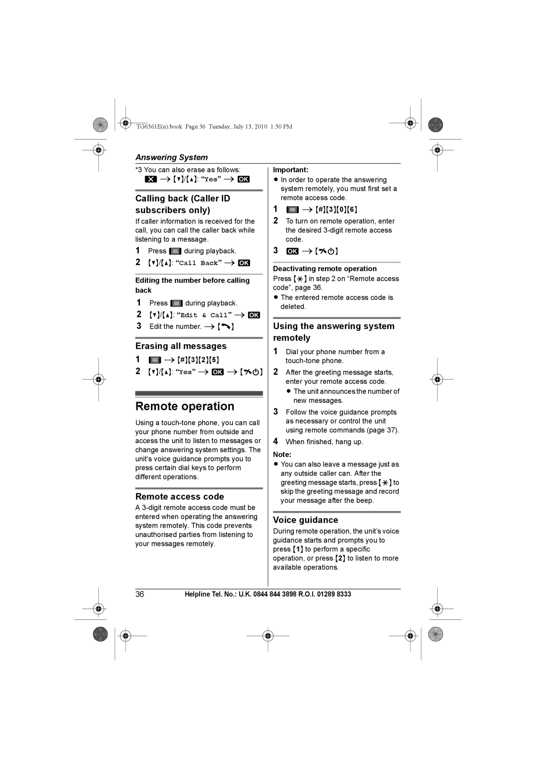 Panasonic KX-TG6562E Remote operation, Calling back Caller ID subscribers only, Remote access code, Voice guidance 
